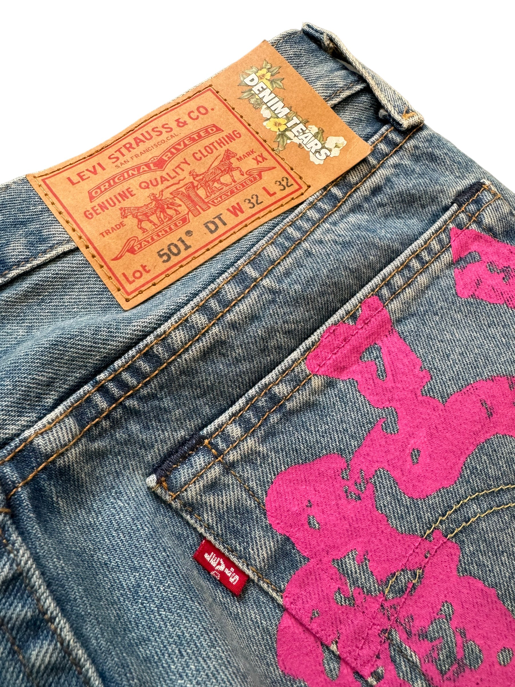 DENIM TEARS X Bstroy 501 Light Wash Jean Pink/Green NWT W 32 L 32 - Image 3