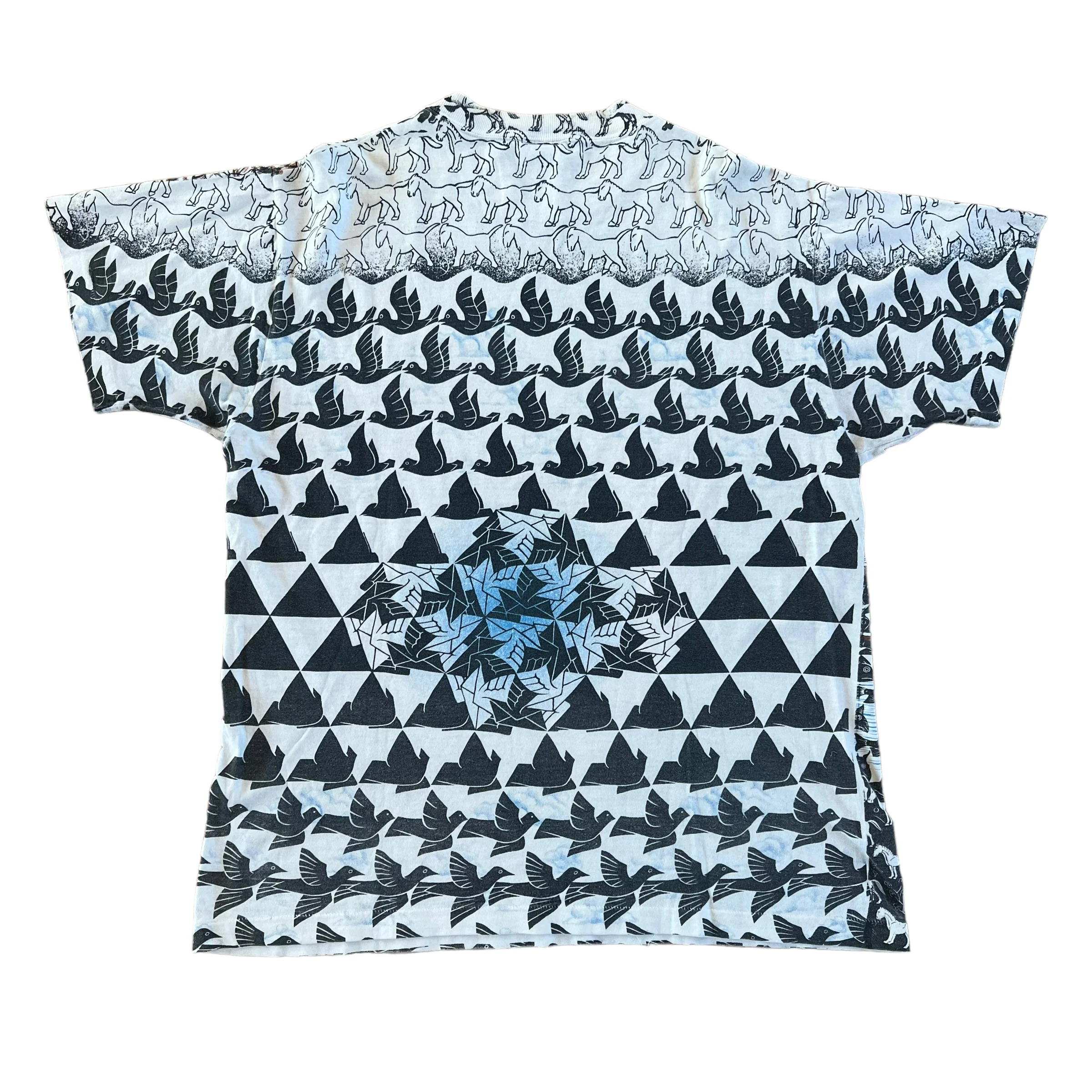 Vintage ANDAZIA MC Escher Fish AOP All Over Print Art T Shirt 90s L - Image 2