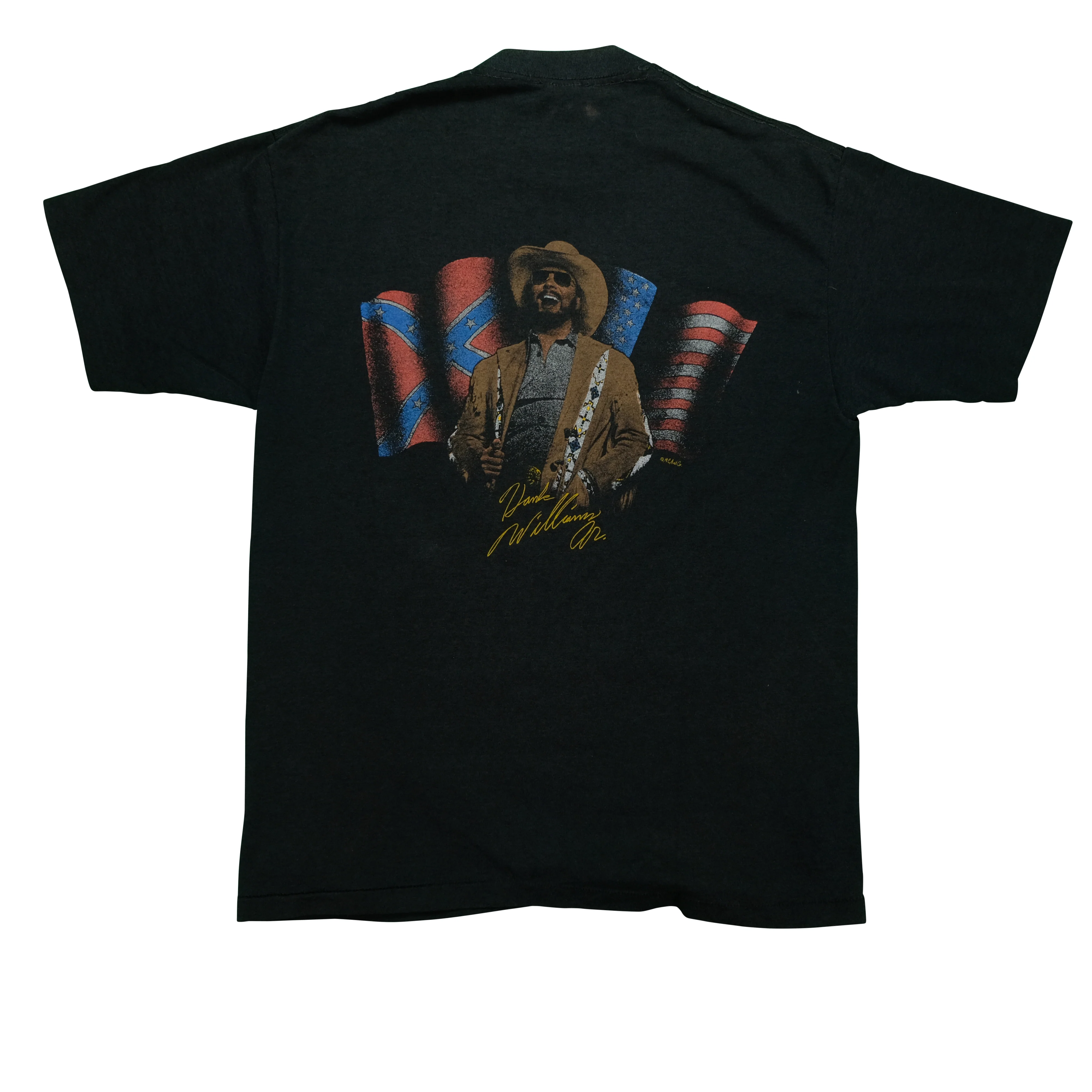 Vintage BELTON Hank Williams Jr Flags Tour T Shirt 80s 90s Black L - Image 2