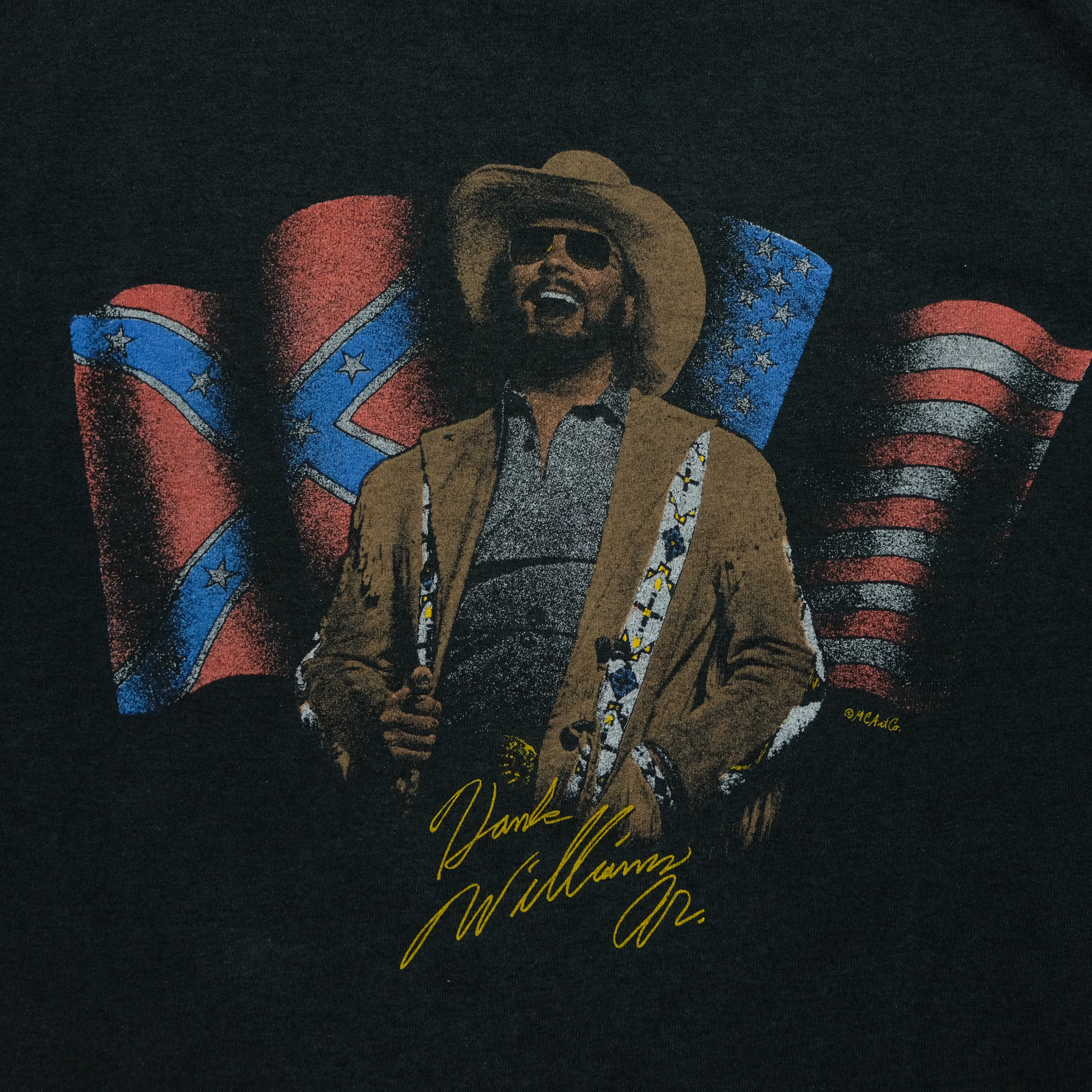 Vintage BELTON Hank Williams Jr Flags Tour T Shirt 80s 90s Black L - Image 8