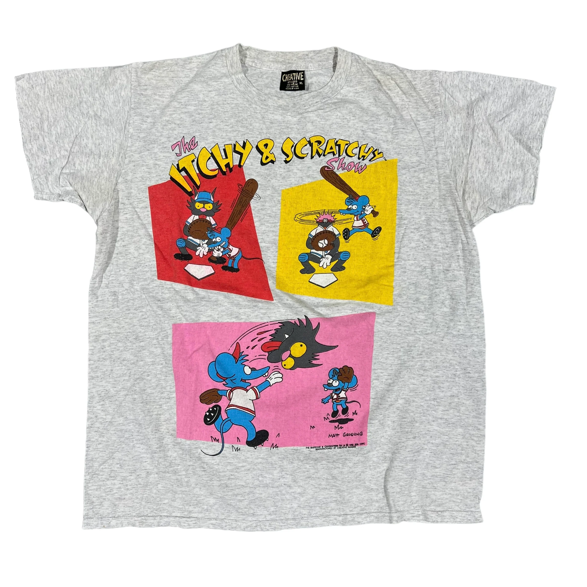 Vintage CREATIVE IMAGES The Simpsons Itchy and Scratchy Show Baseball Cartoon 1992 T Shirt 90s Gray XL