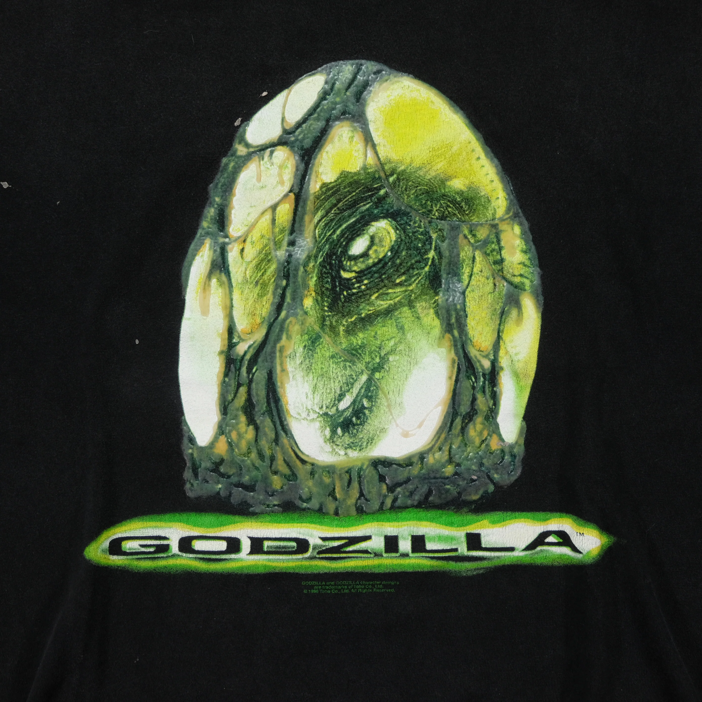 Vintage CRONIES Godzilla 1998 Film Egg T Shirt 90s Black L - Image 3