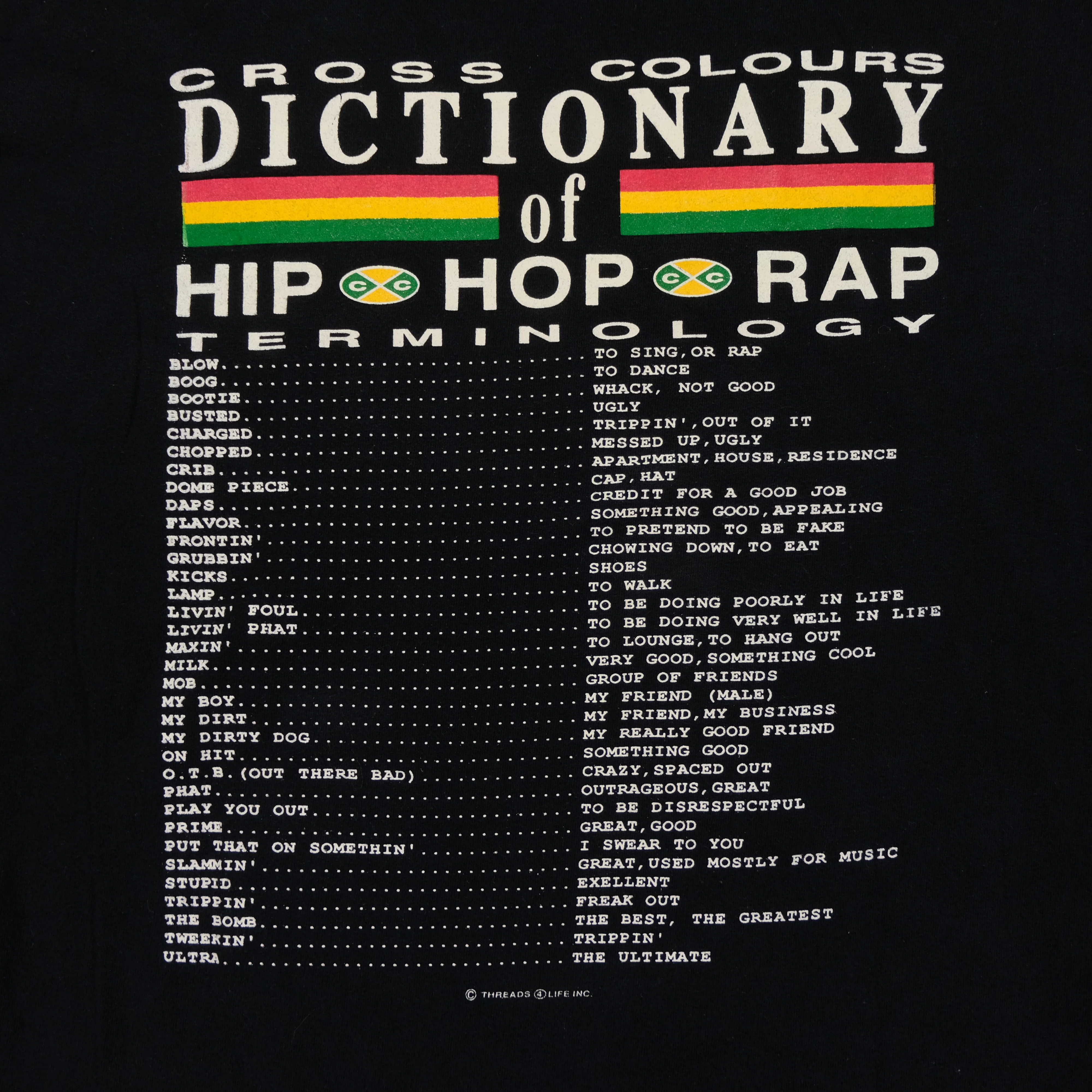 Vintage CROSS COLOURS Dictionary of Hip Hop Rap Terminology Vol 2 Spell Out Hoodie Sweatshirt 90s Black OSFA - Image 6
