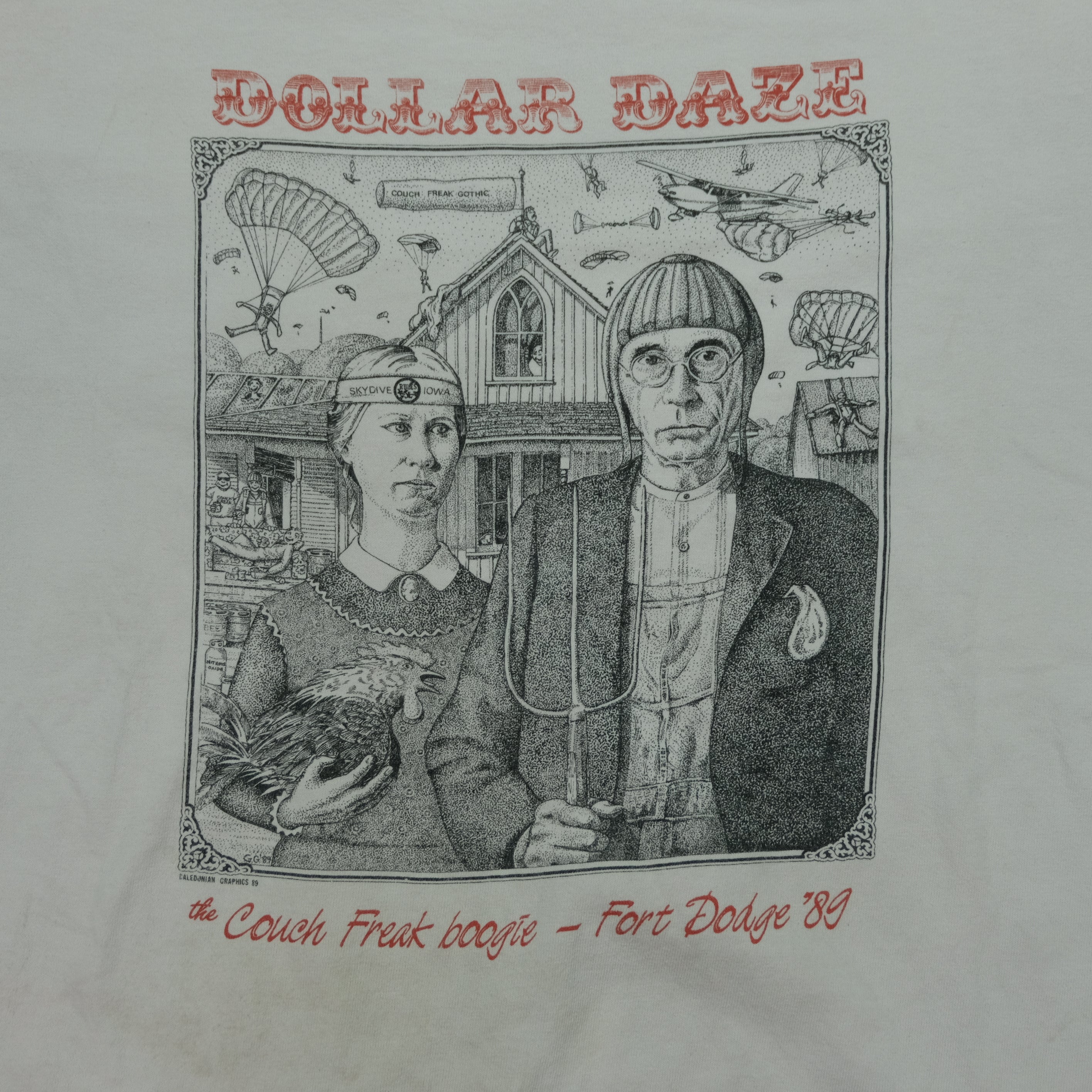 Vintage Dollar Daze Couch Freak Boogie Skydiving American Gothic 1989 T Shirt 80s White L - Image 3