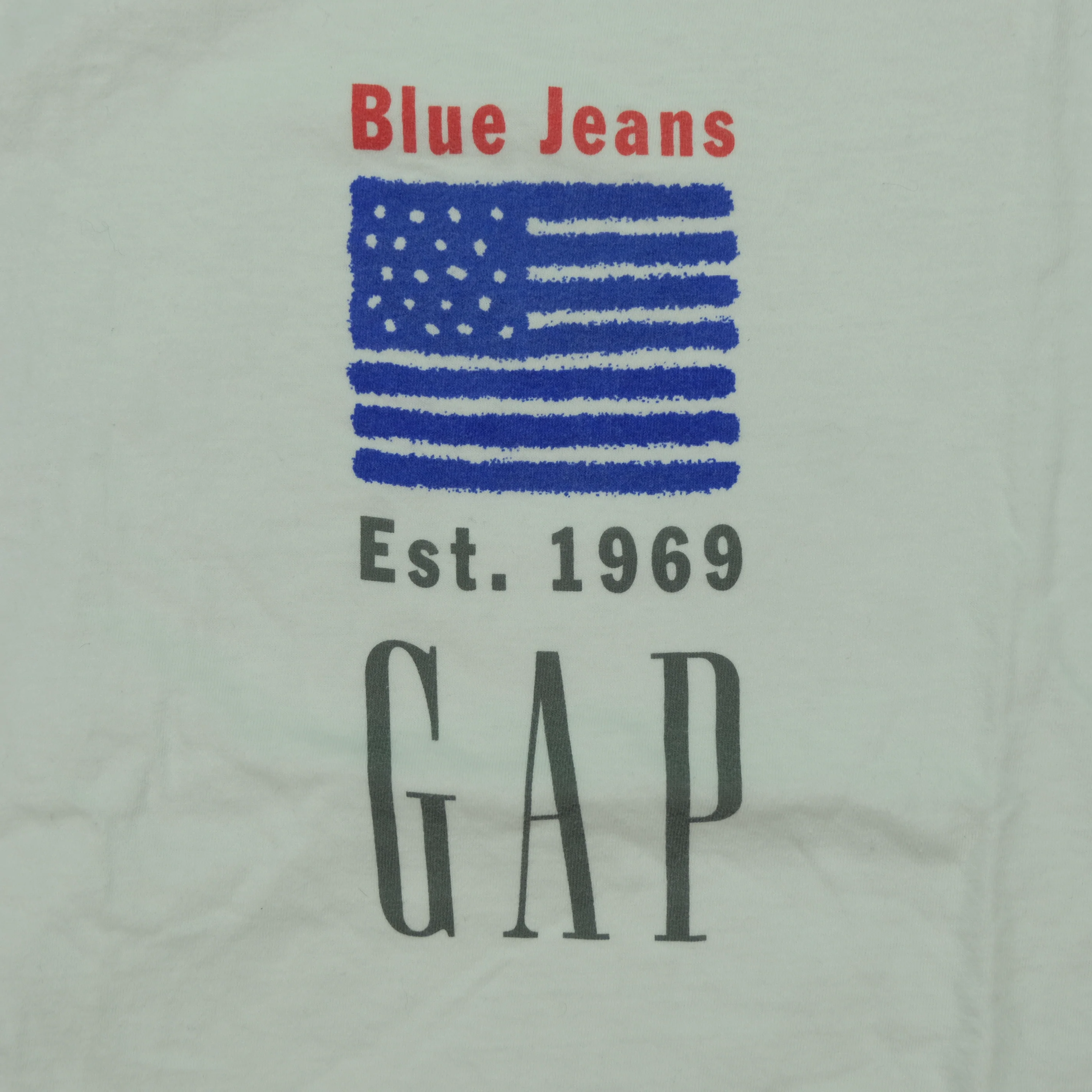 Vintage GAP Blue Jeans Est. 1969 USA Flag T Shirt 2000s White L - Image 5
