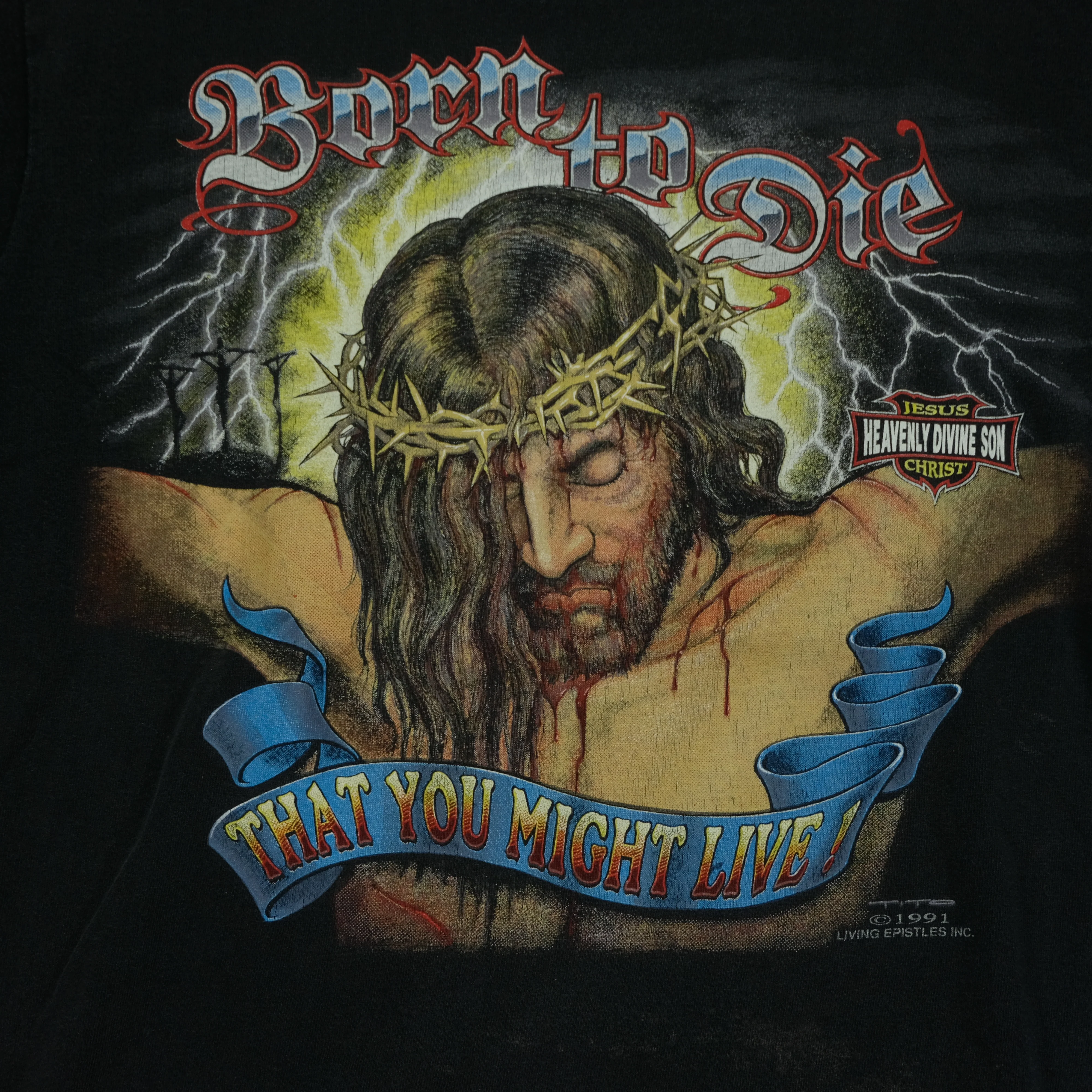 Vintage Jesus Christ Heavenly Divine Son Born to Die 1991 T Shirt 90s Black M - Image 3