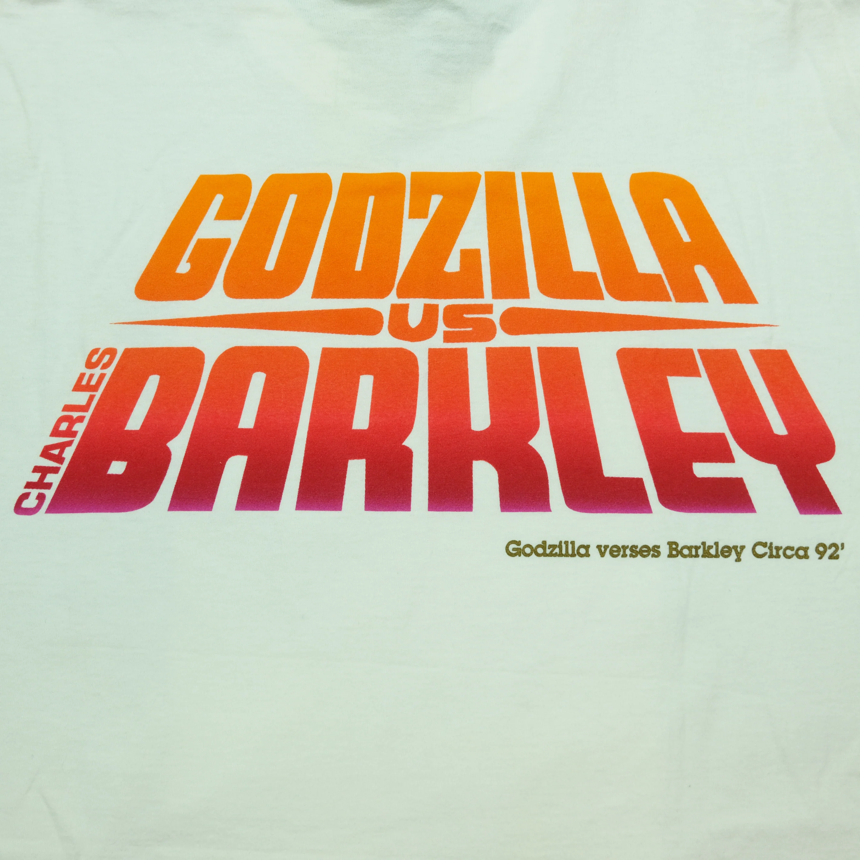 Vintage NIKE Air Charles Barkley vs Godzilla Spell Out Swoosh T Shirt 2000s White XL - Image 9