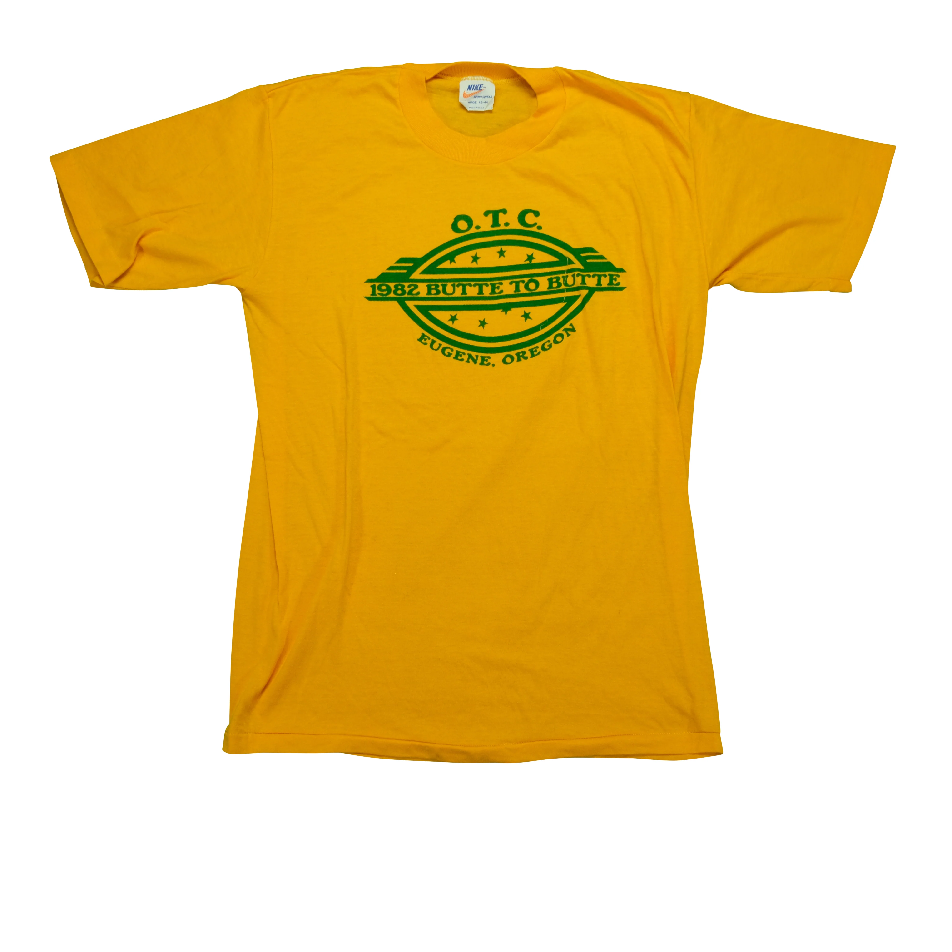 Vintage NIKE Butte To Butte Eugene Oregon Run Spell Out Swoosh 1982 T Shirt 80s Yellow L