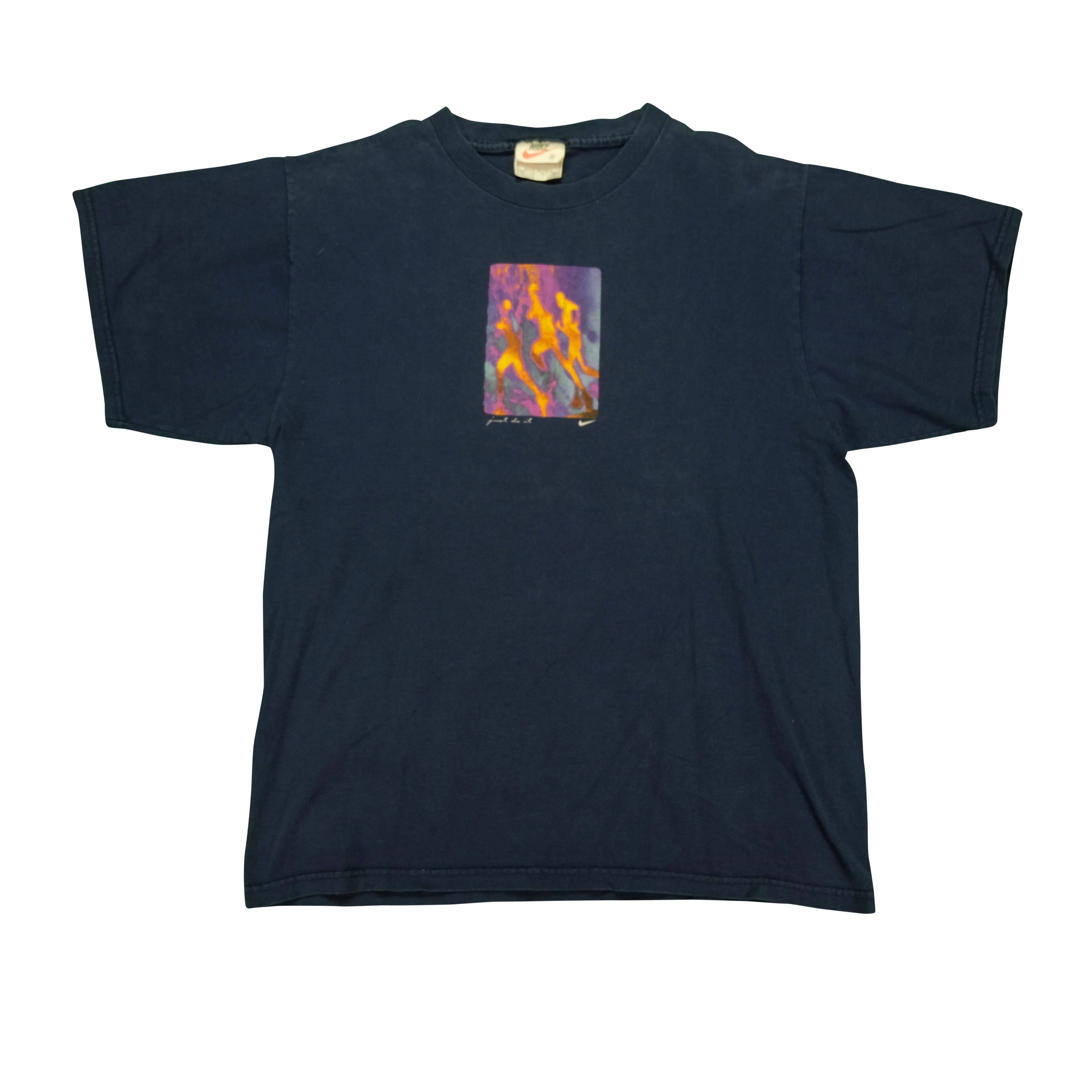 Vintage NIKE Just Do It Swoosh Running Silhouettes T Shirt 90s Navy Blue M