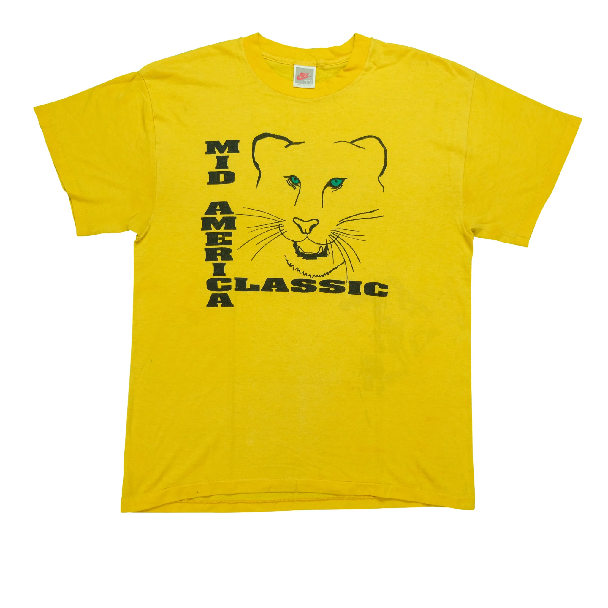 Vintage NIKE Mid America Classic Spell Out Swoosh Big Cat Graphic T Shirt 80s 90s Yellow XL