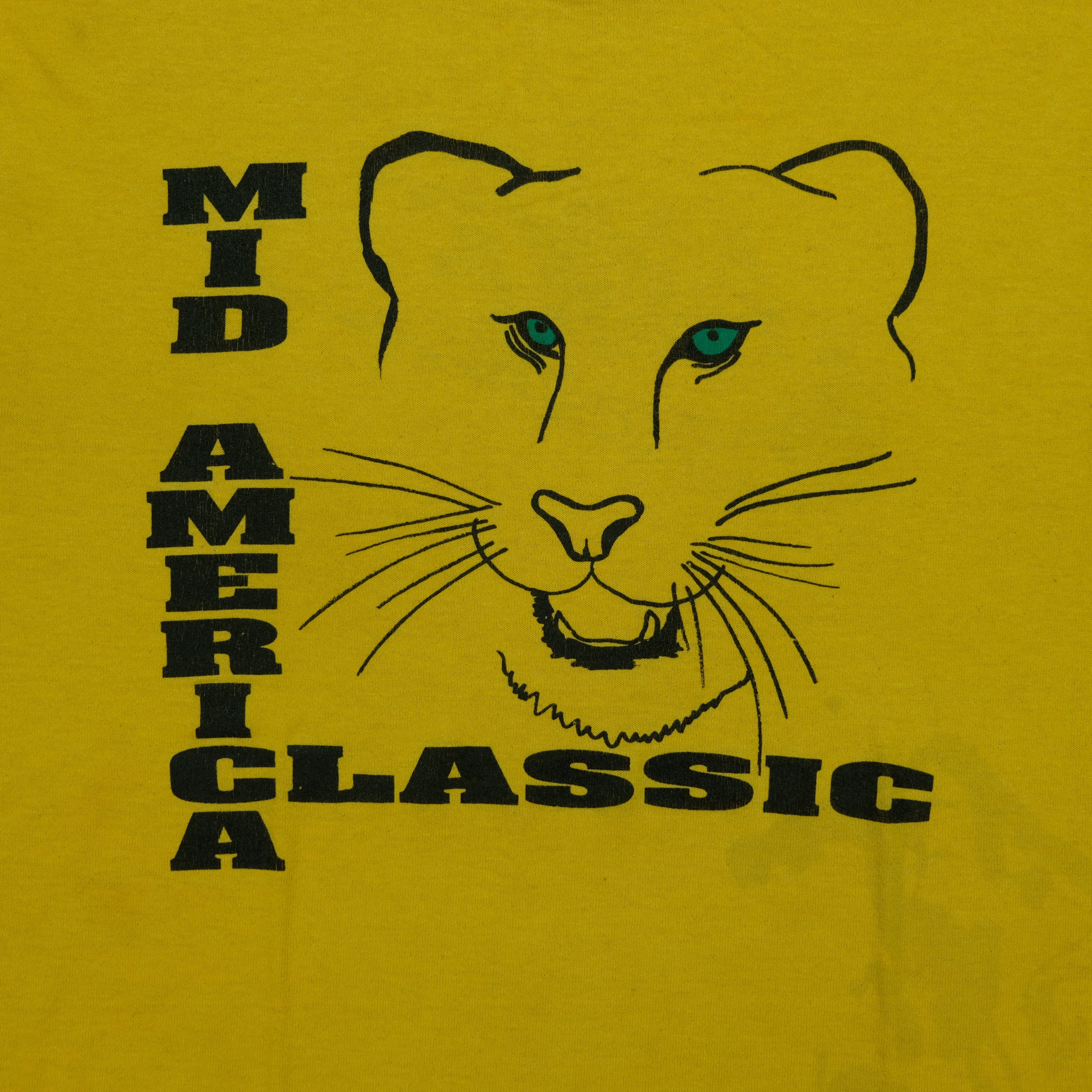 Vintage NIKE Mid America Classic Spell Out Swoosh Big Cat Graphic T Shirt 80s 90s Yellow XL - Image 3