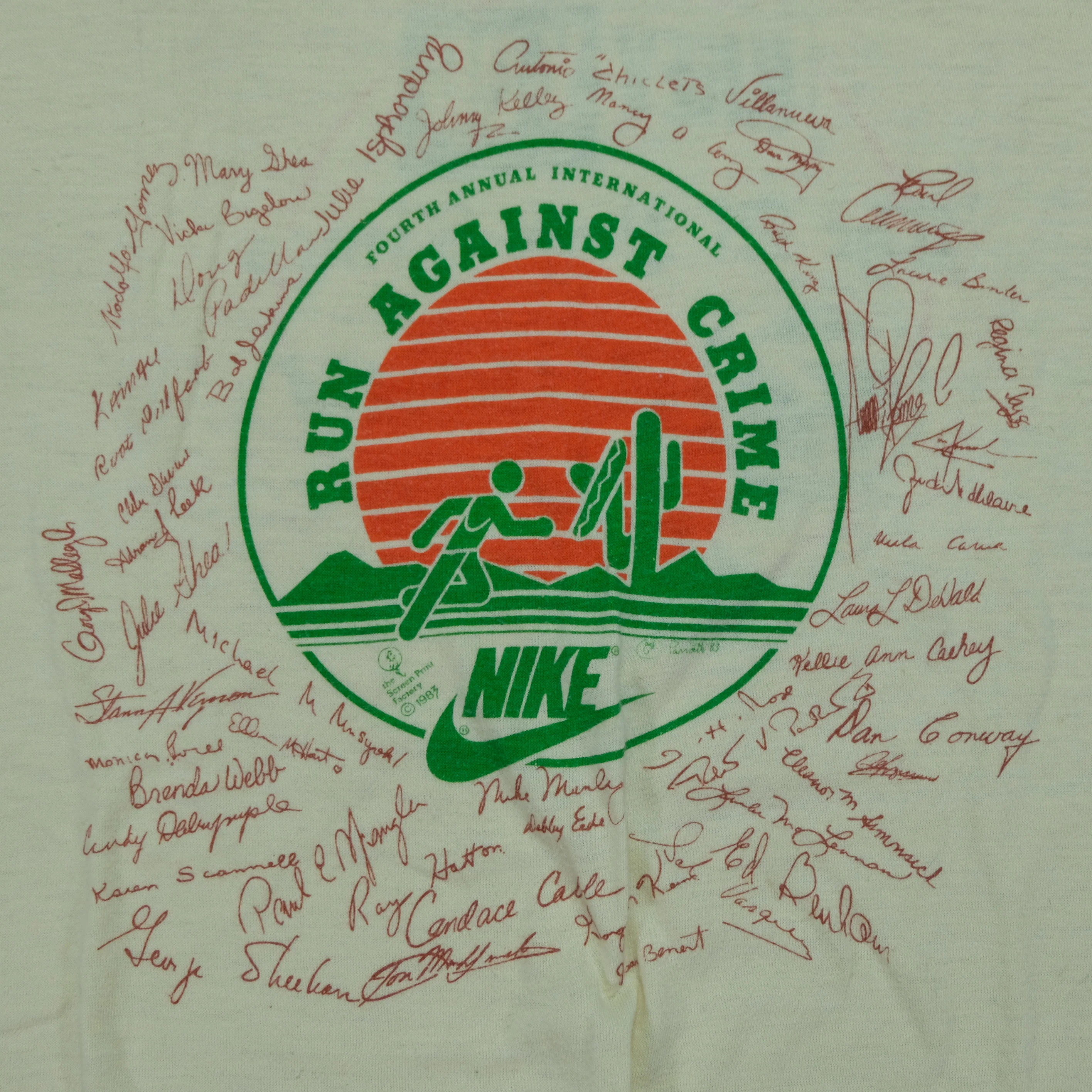 Vintage NIKE Run Against Crime Spell Out Swoosh 1983 T Shirt 80s Beige - Image 3