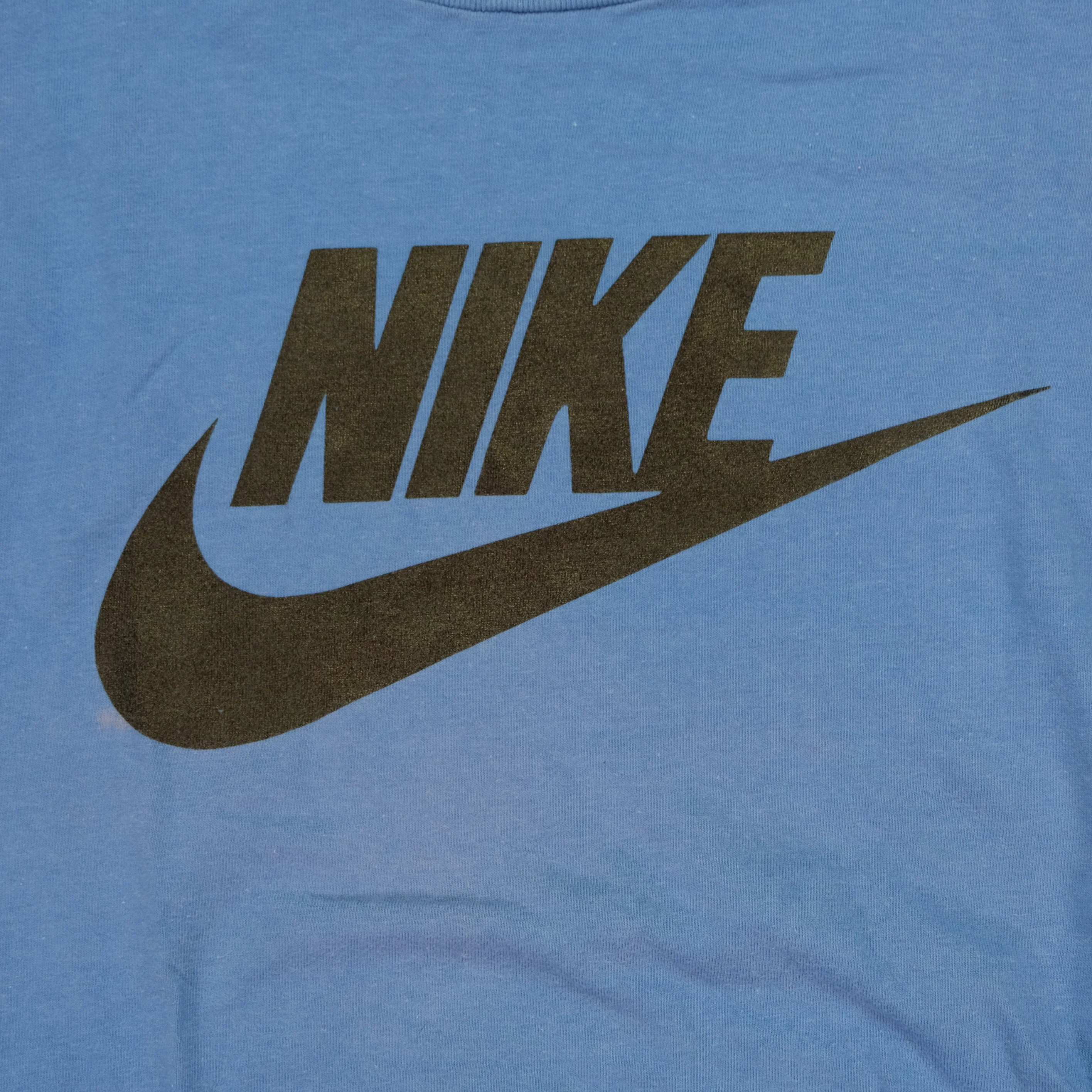 Vintage NIKE Spell Out Swoosh Long Sleeve T Shirt 80s Blue L - Image 3