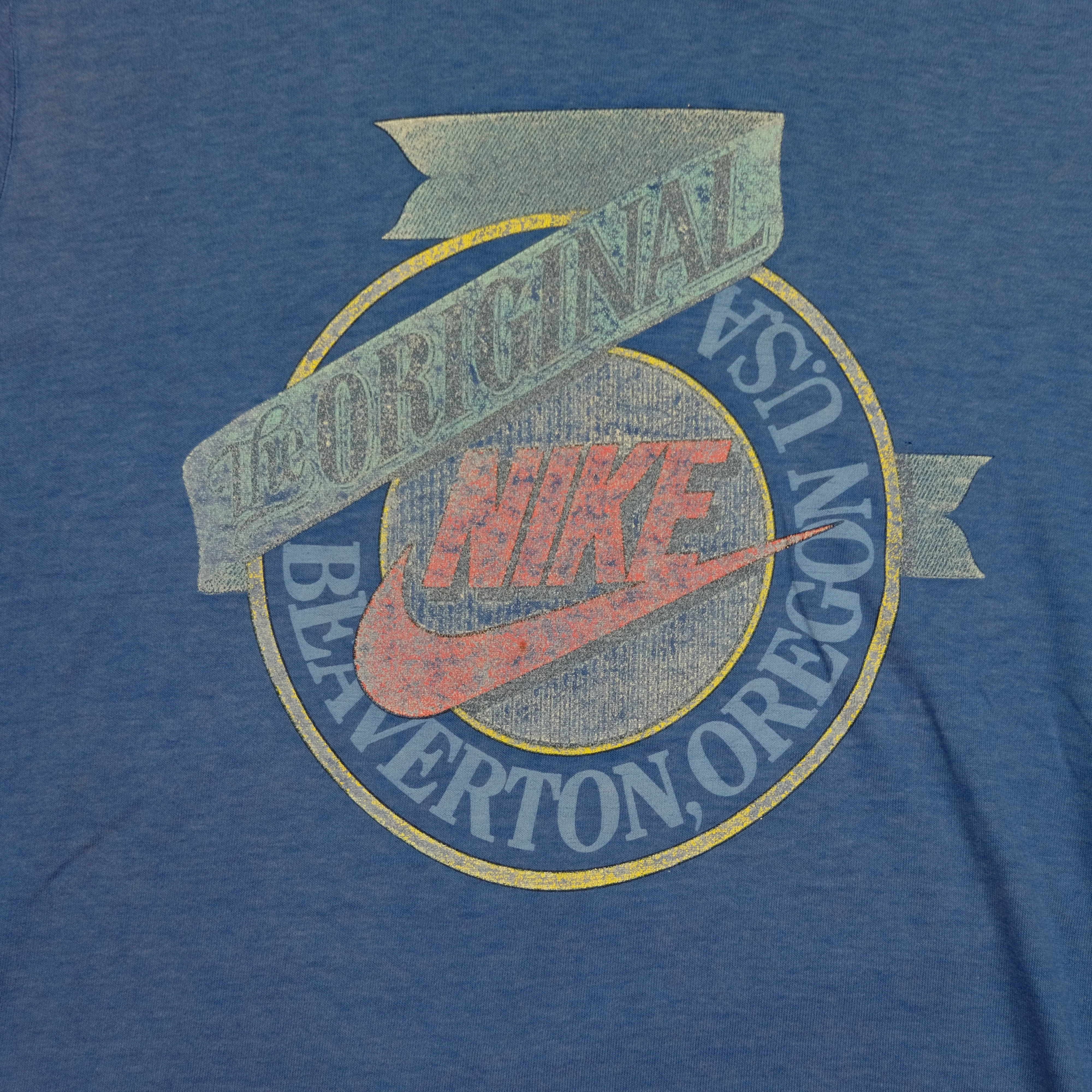 Vintage NIKE The Original Beaverton Oregon Spell Out Swoosh T Shirt 80s Blue S - Image 3