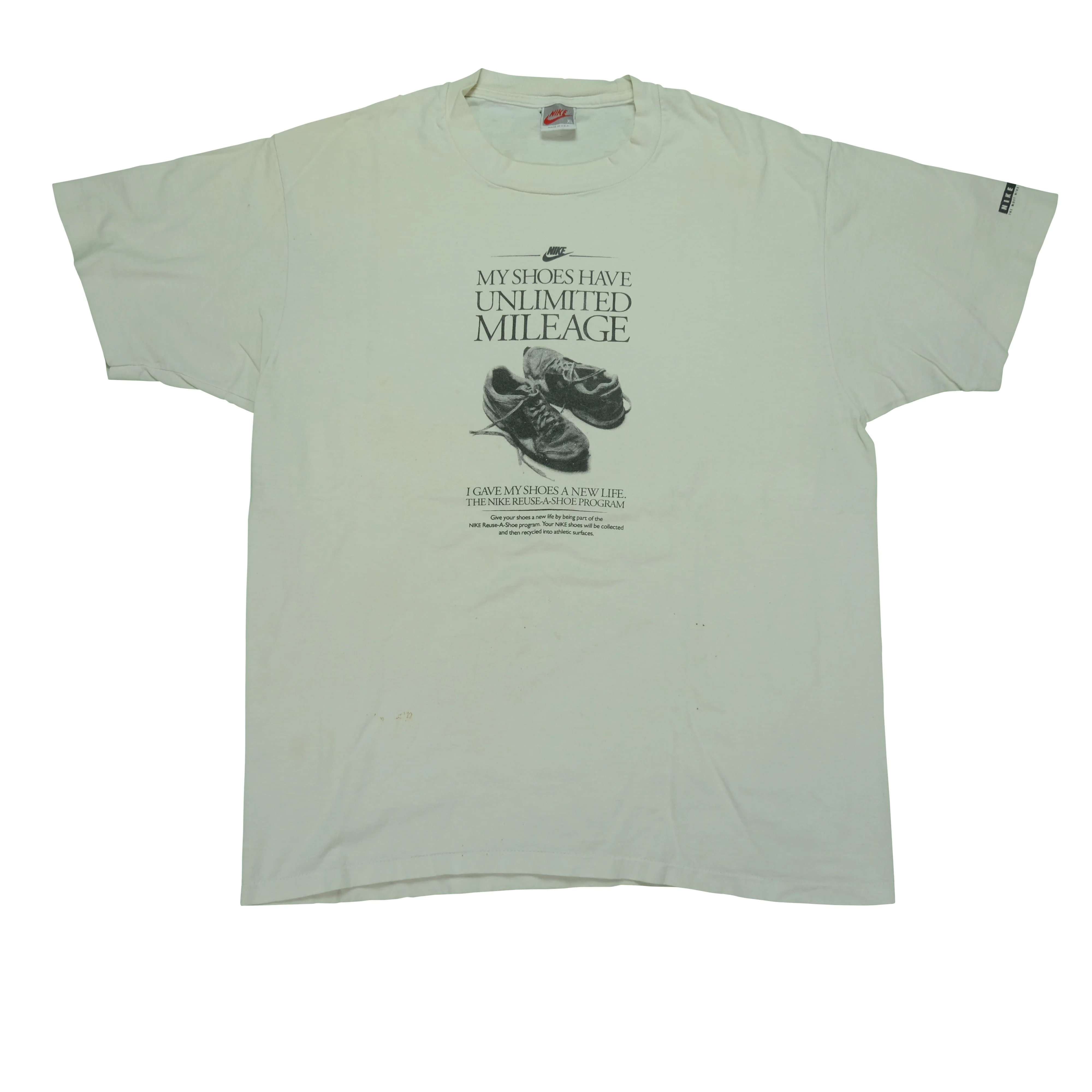 Vintage NIKE Town My Shoes Have Unlimited Mileage Reuse-A-Shoe Program Spell Out Swoosh T Shirt 80s 90s White XL