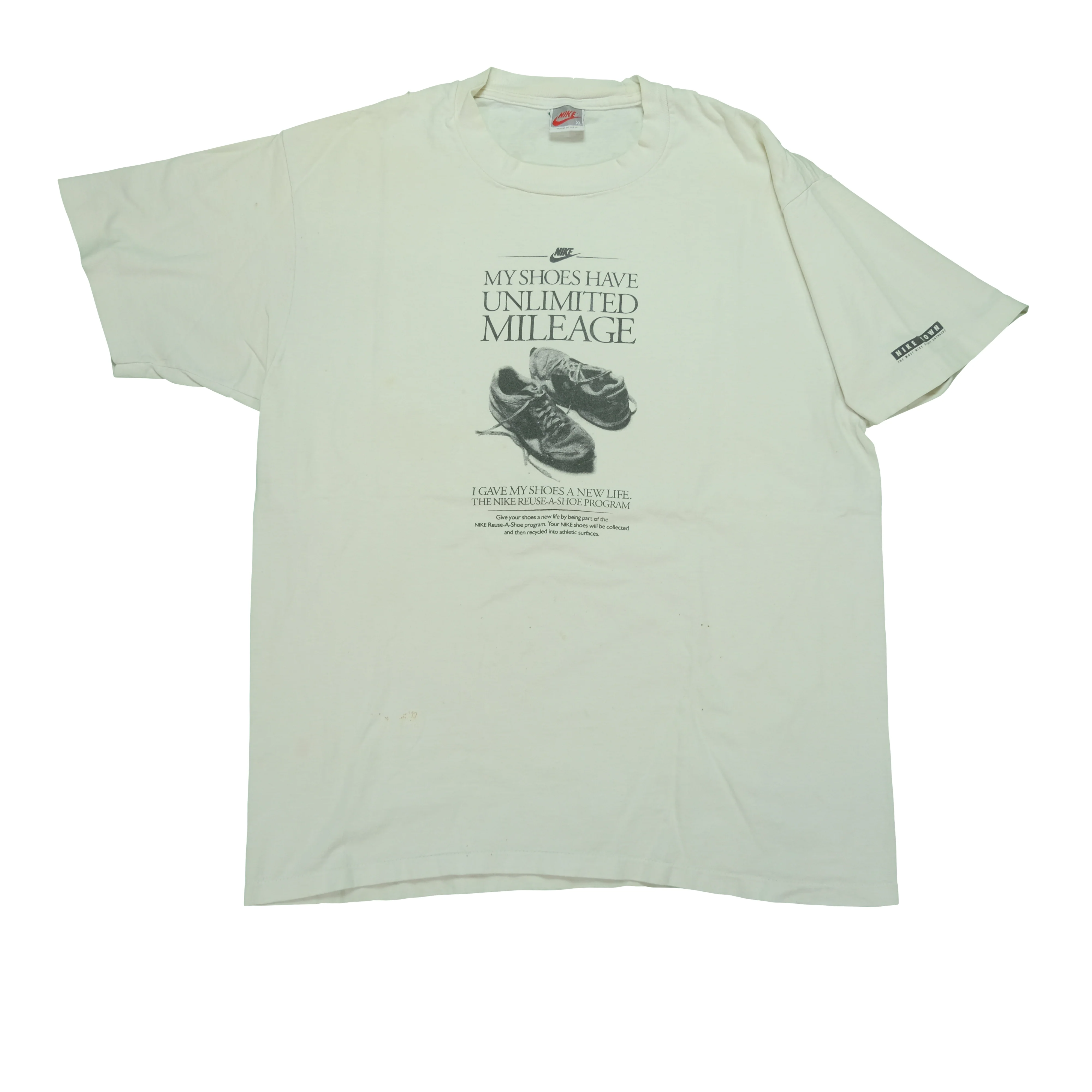 Vintage NIKE Town My Shoes Have Unlimited Mileage Reuse-A-Shoe Program Spell Out Swoosh T Shirt 80s 90s White XL - Image 3