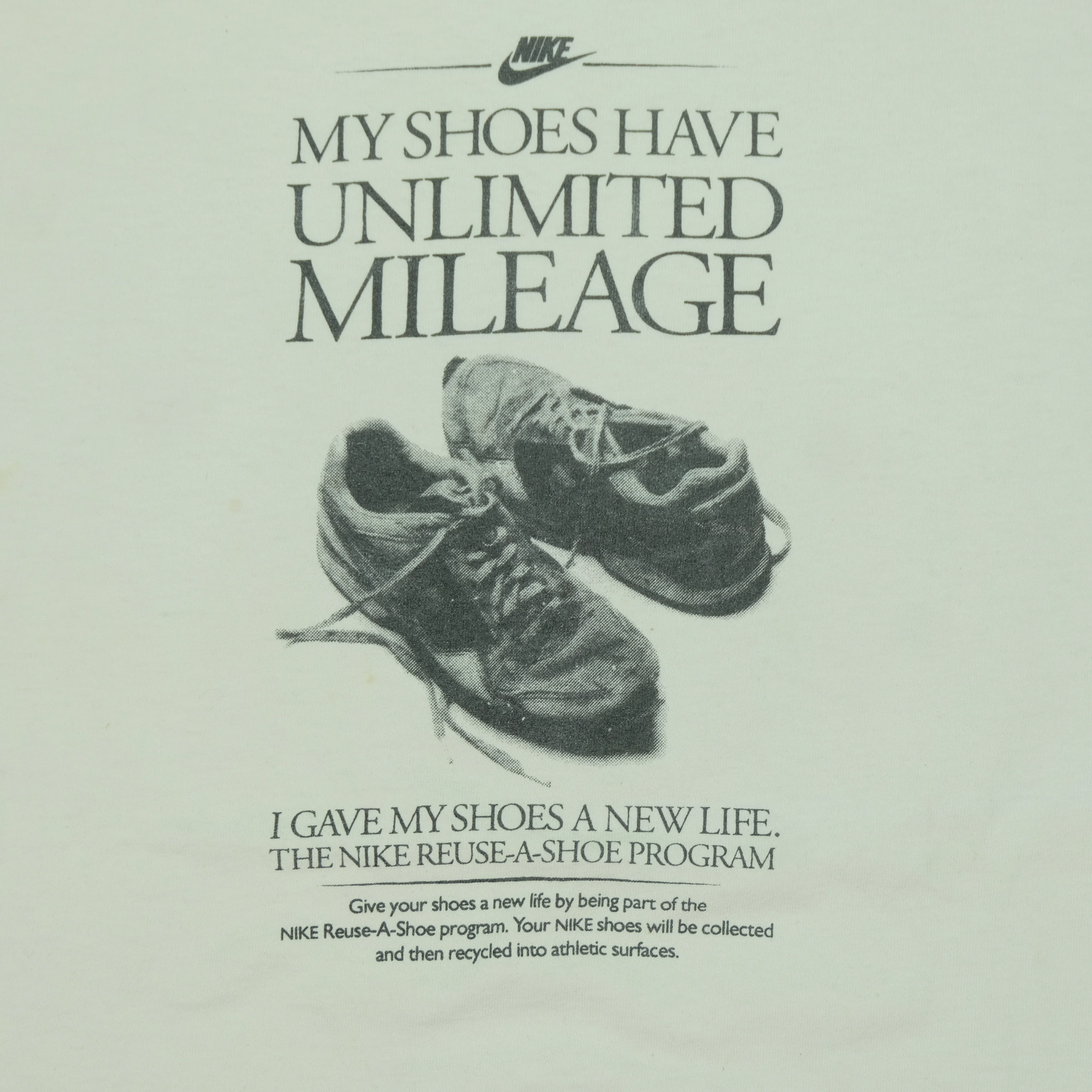 Vintage NIKE Town My Shoes Have Unlimited Mileage Reuse-A-Shoe Program Spell Out Swoosh T Shirt 80s 90s White XL - Image 4