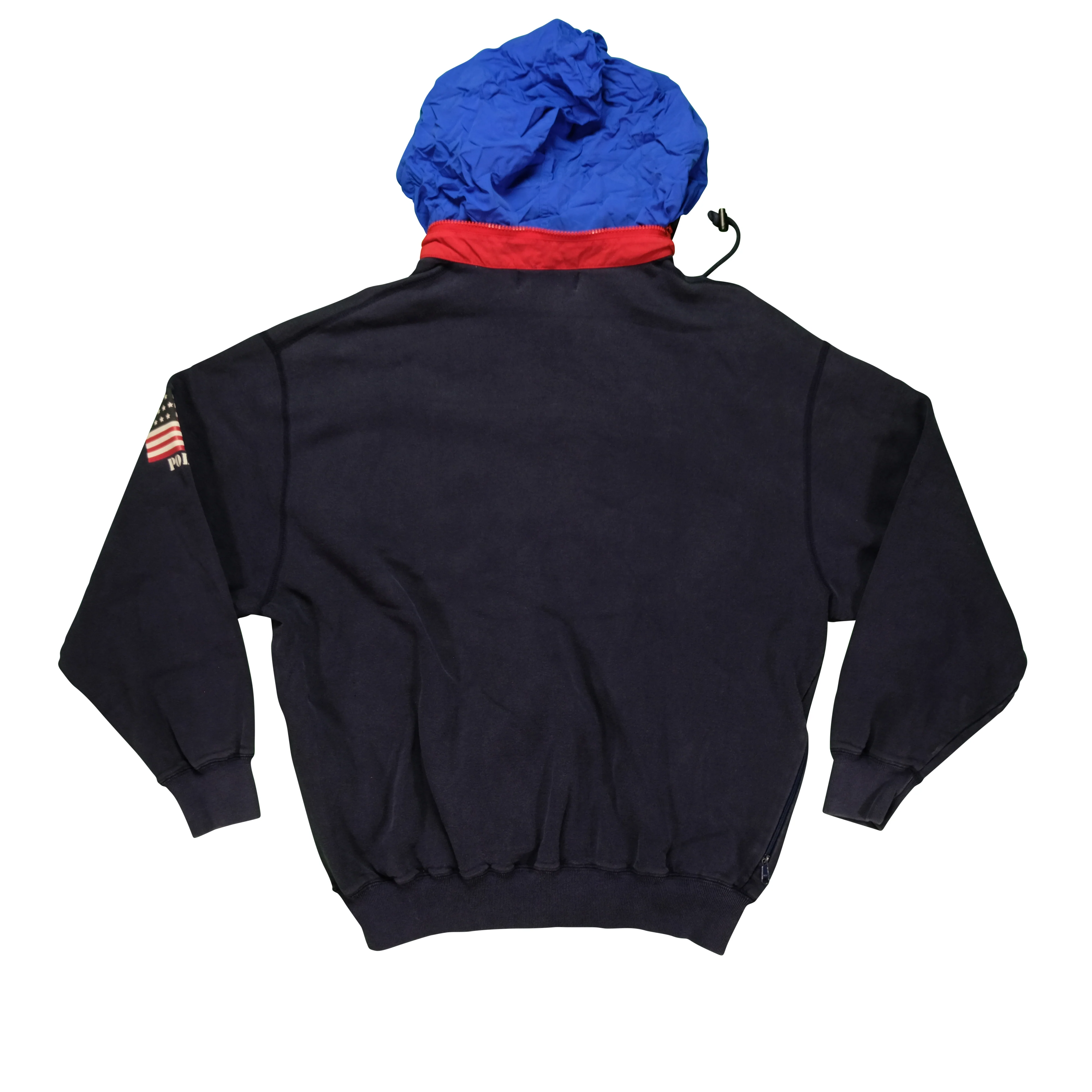 Vintage POLO RALPH LAUREN Spell Out USA Flag Packable Hooded Sweatshirt 90s Navy Blue M - Image 2