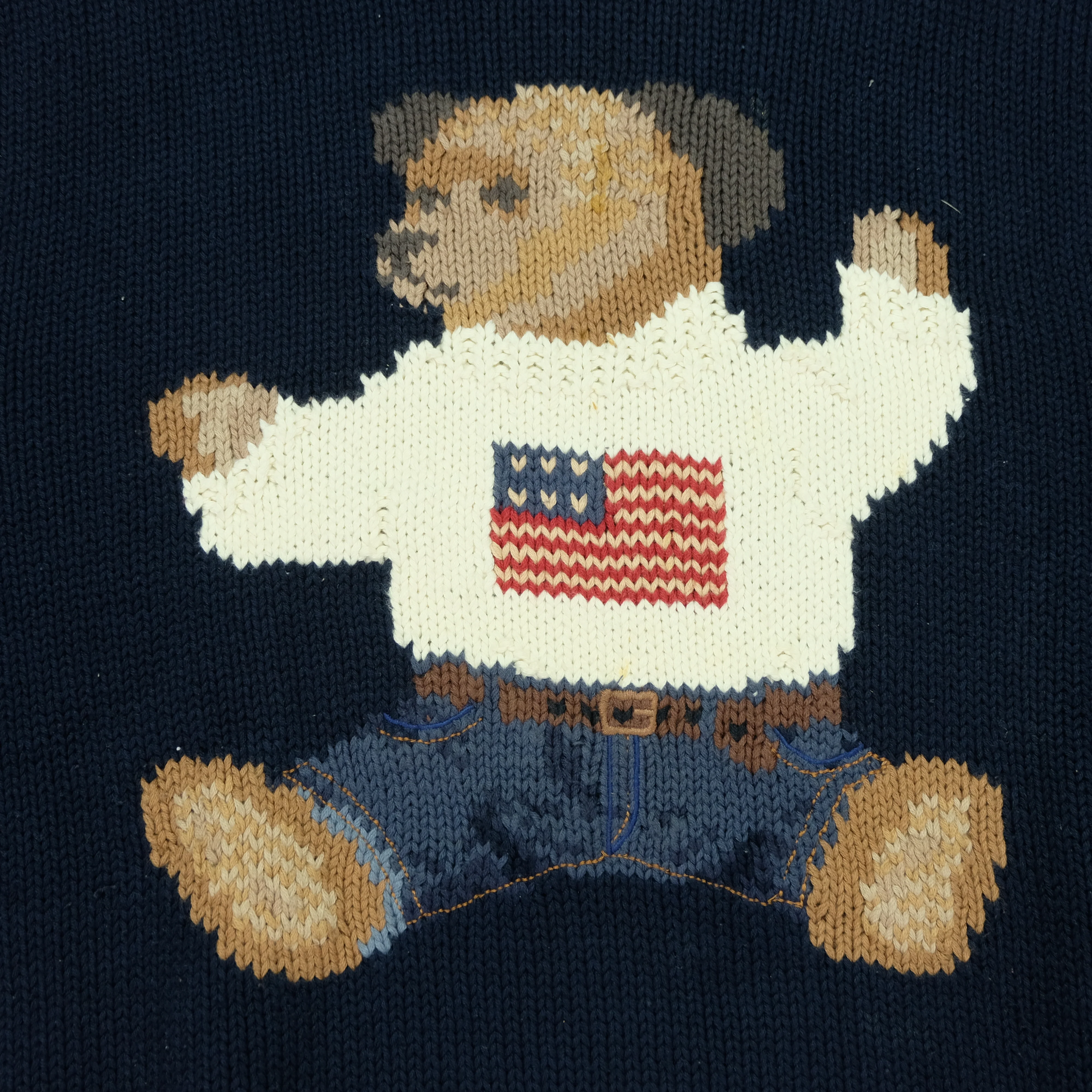 Vintage POLO RALPH LAUREN USA Flag Sitting Bear Hand Knit Sweater 90s Navy Blue XL - Image 3