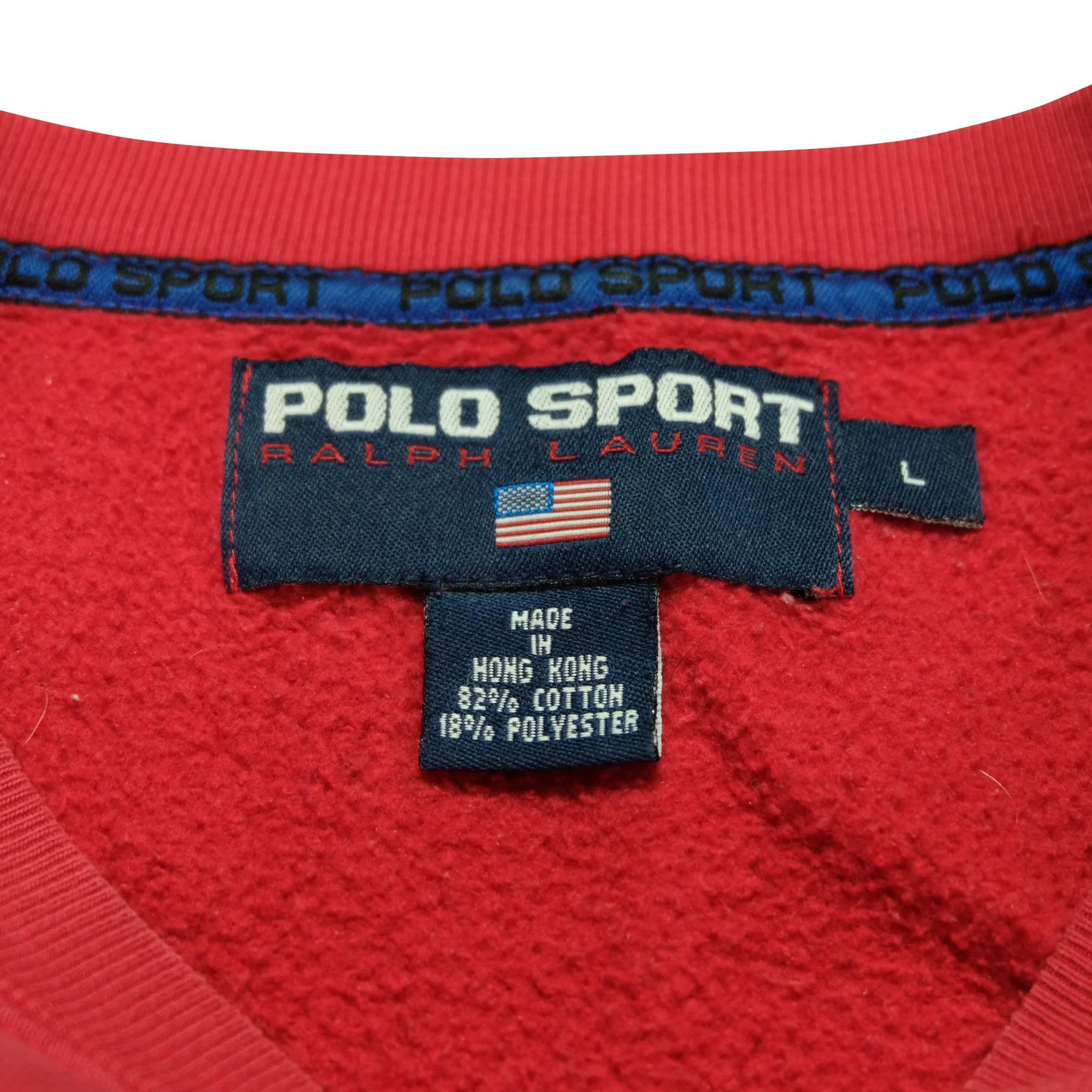 Vintage POLO SPORT Ralph Lauren Spell Out P Patch Striped Sweatshirt 90s Red Navy Blue L - Image 4