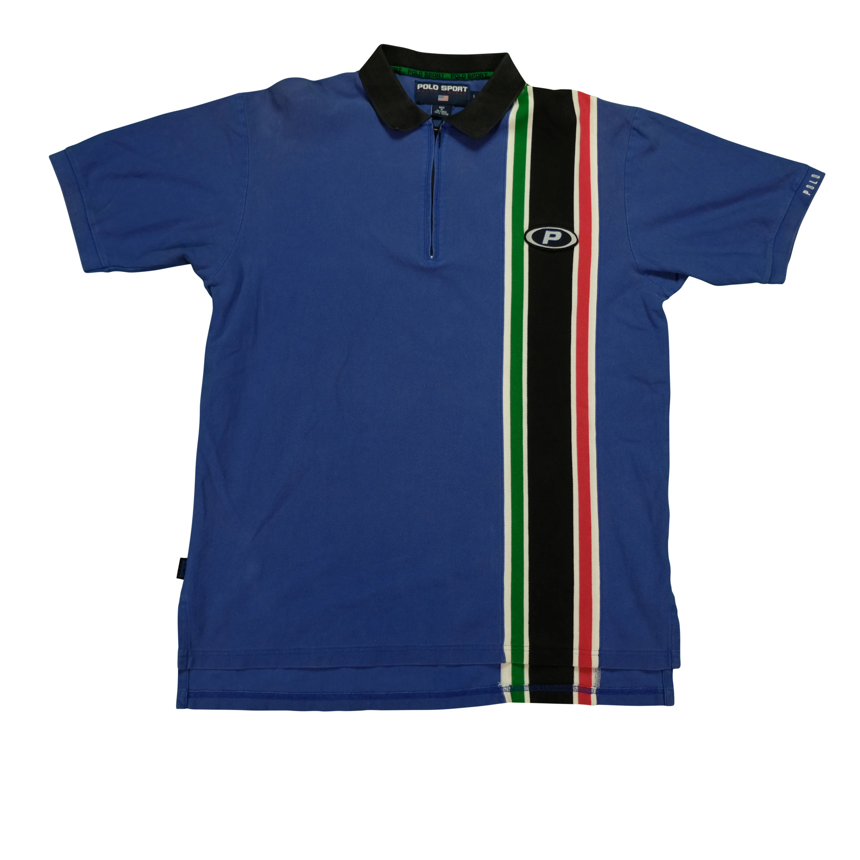 Vintage POLO SPORT Sport Ralph Lauren P Patch Striped 1/4 Zip Polo Shirt 90s Blue L