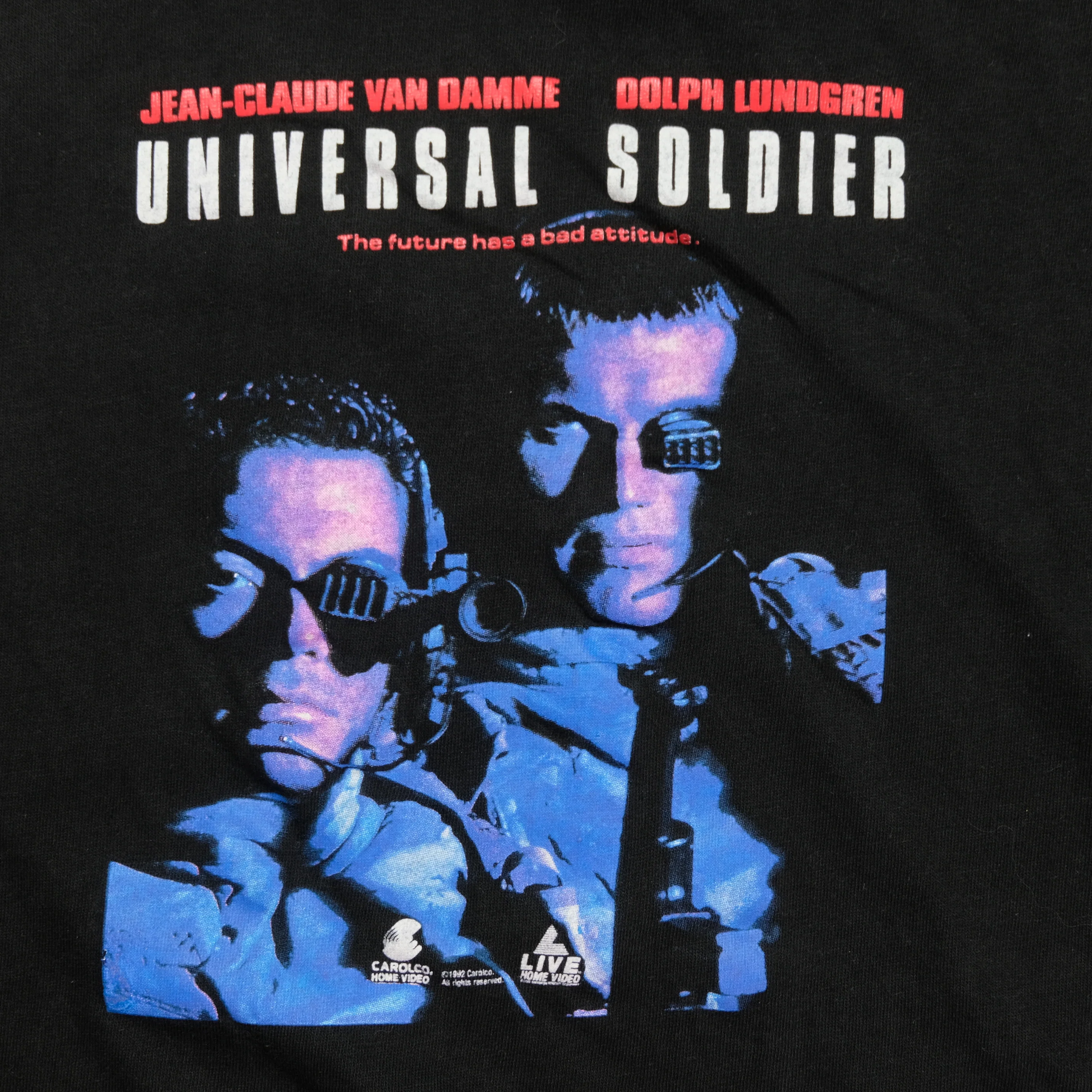 Vintage Q-TEES Universal Solider The Future Has A Bad Attitude 1992 Film T Shirt 90s Black XL - Image 3