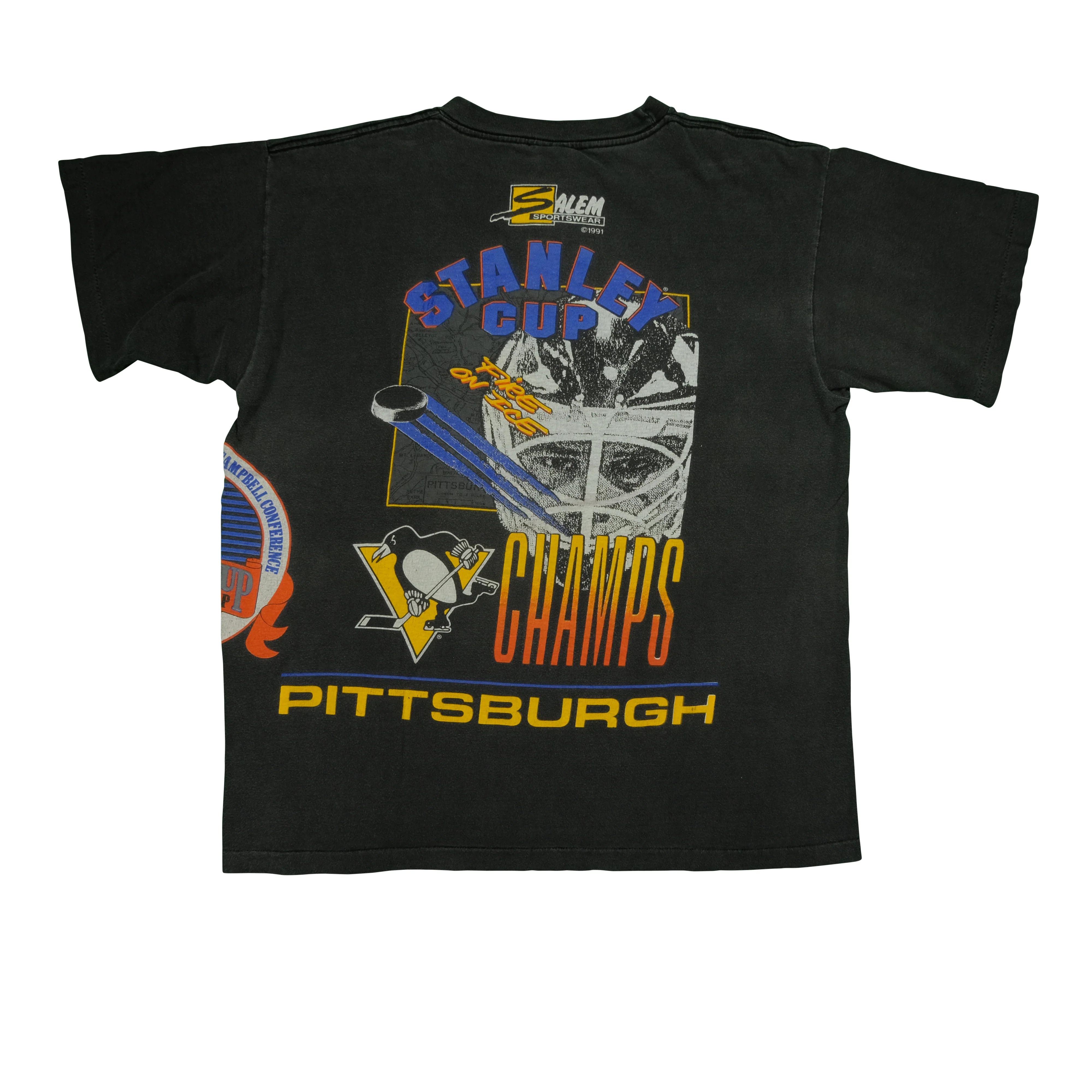 Vintage SALEM Pittsburgh Penguins 1991 Stanley Cup Champions T Shirt 90s Black XL - Image 2