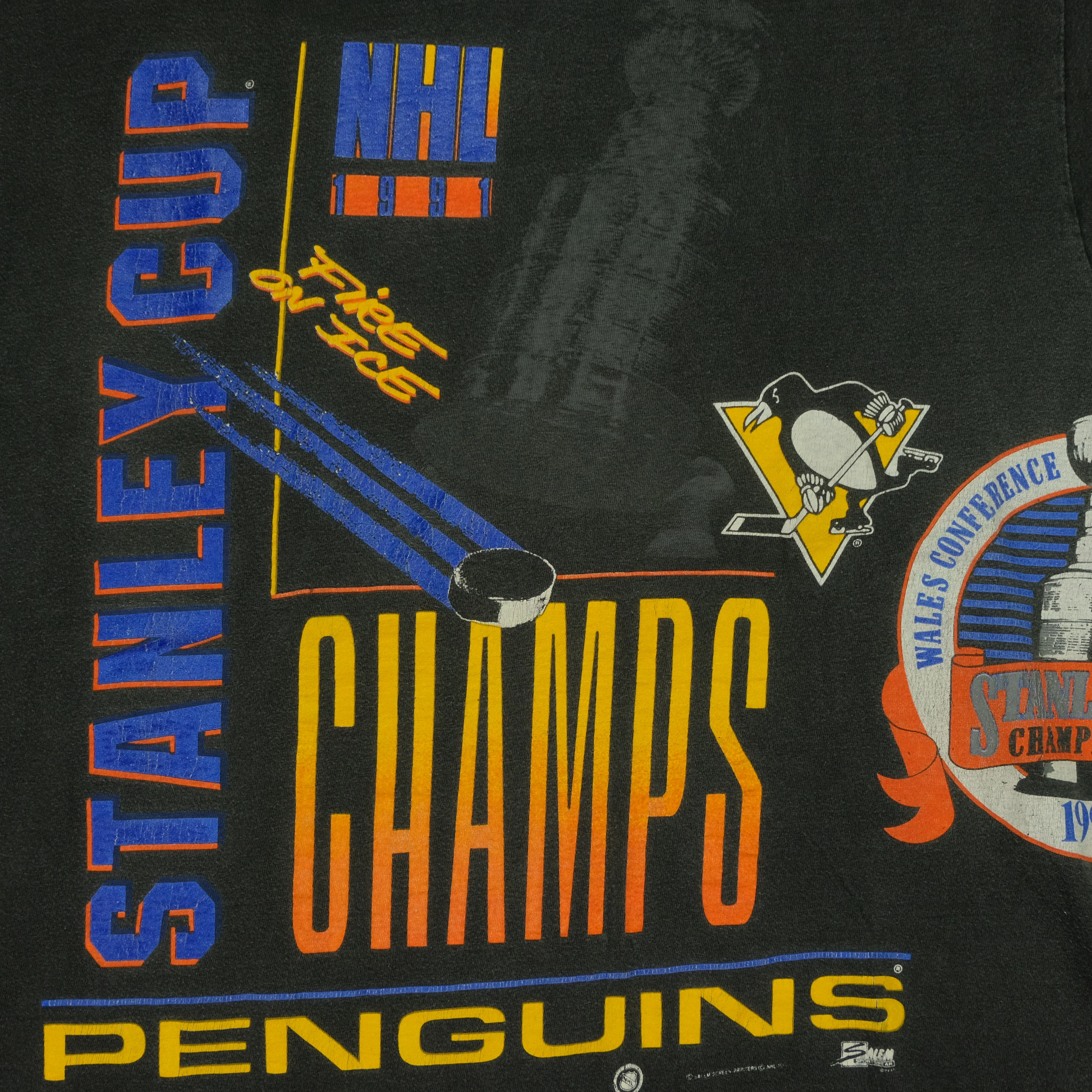 Vintage SALEM Pittsburgh Penguins 1991 Stanley Cup Champions T Shirt 90s Black XL - Image 3
