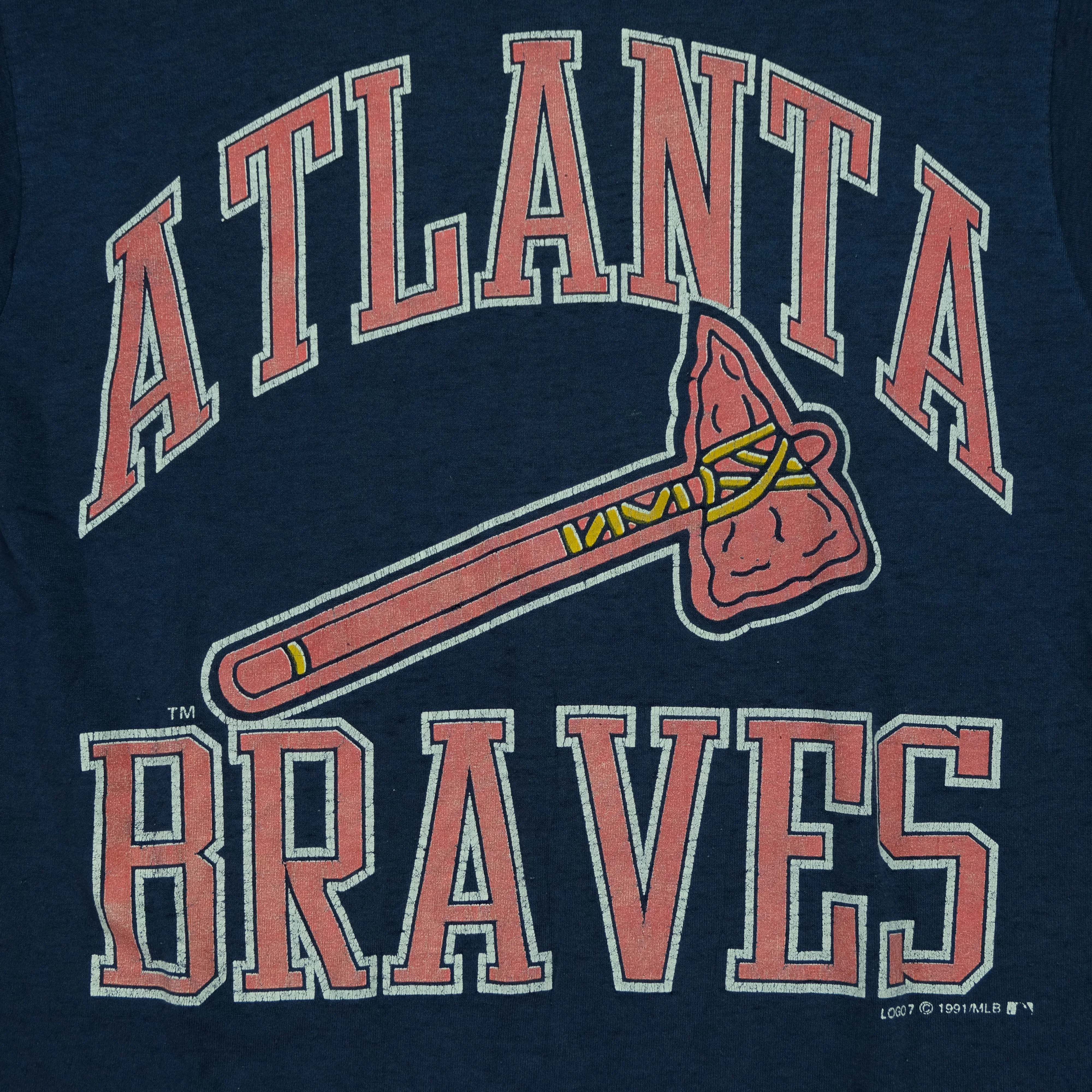 Vintage SCREEN STARS Atlanta Braves Tomahawk 1991 T Shirt 90s Navy Blue M - Image 3
