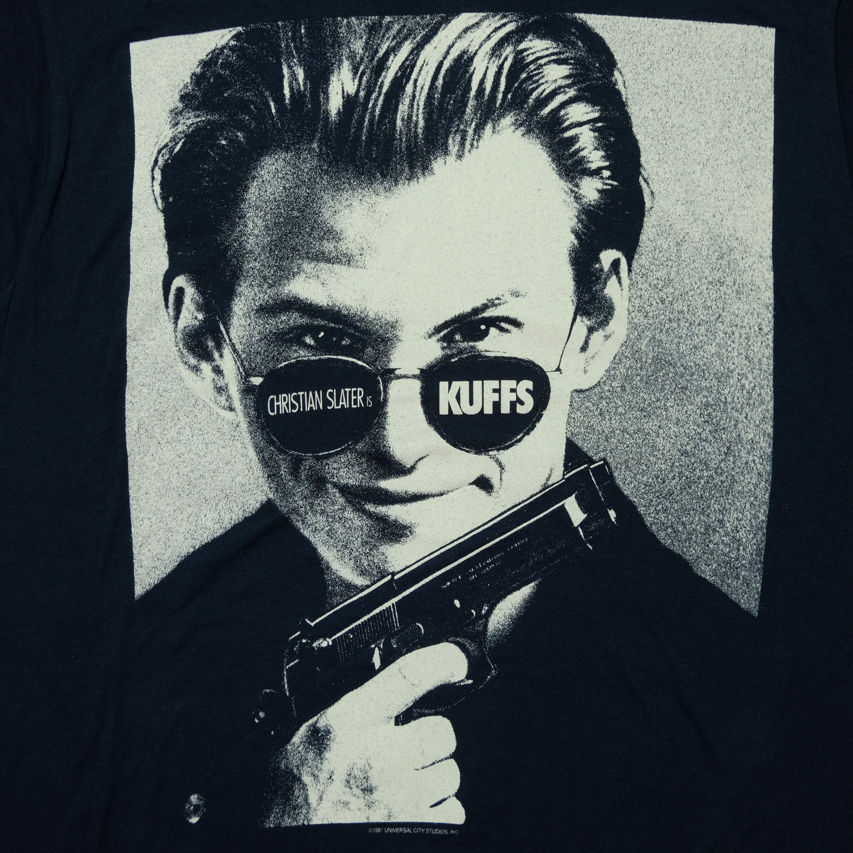 Vintage SCREEN STARS Christian Slater Is Kuffs 1991 Film T Shirt 90s Navy L - Image 4