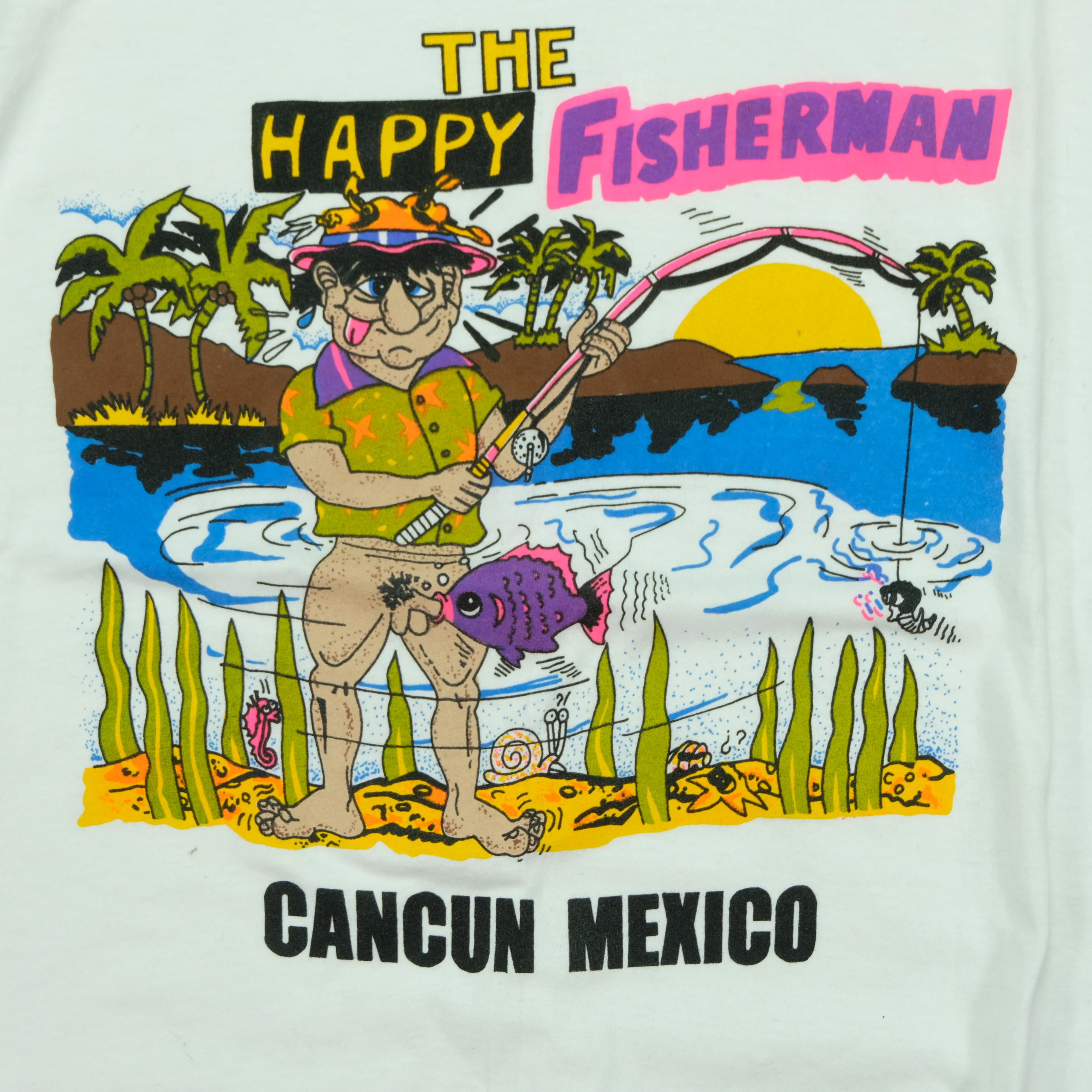 Vintage The Happy Fisherman Cancun Mexico Sex Humor T Shirt 80s 90s White XL - Image 3