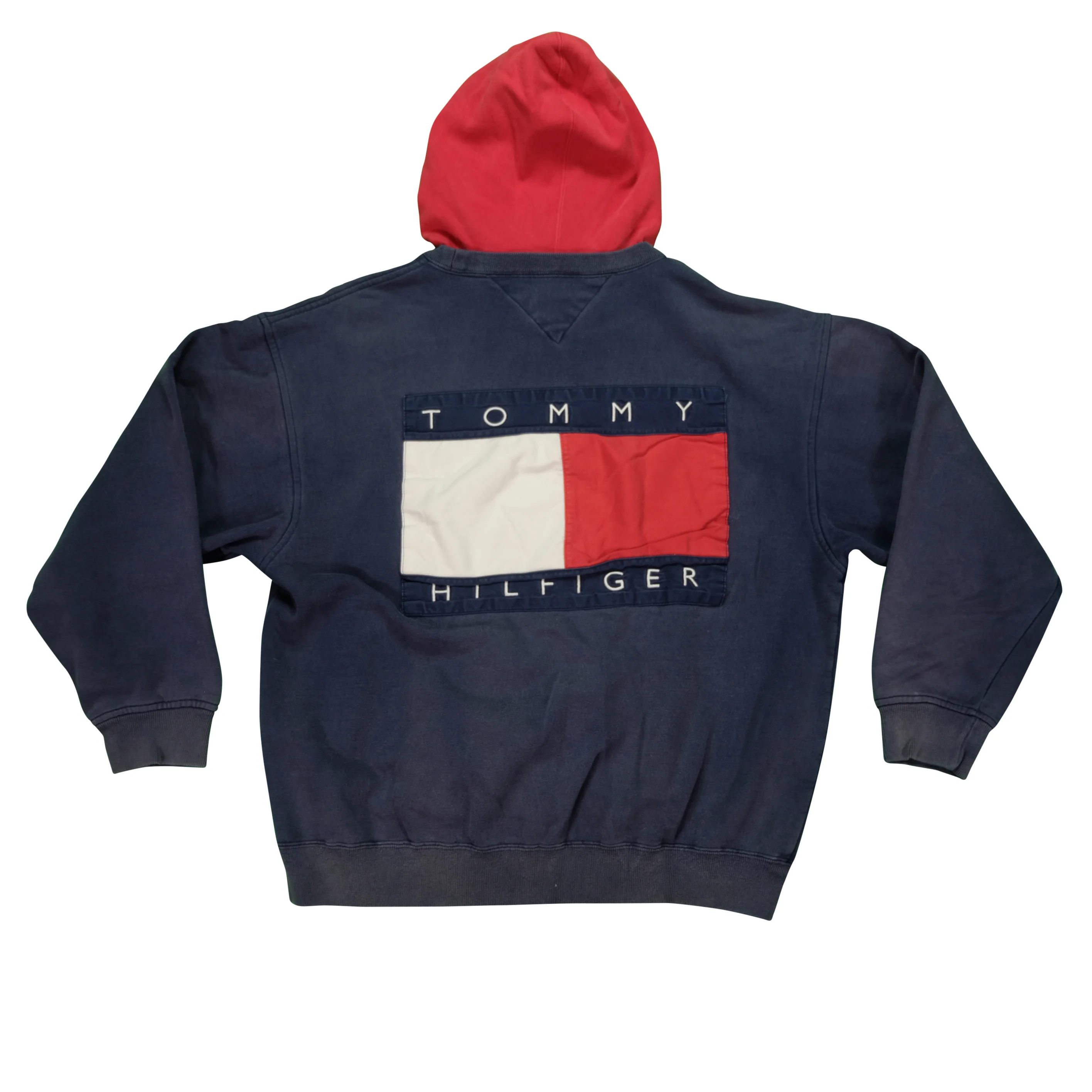 Vintage TOMMY HILFIGER Lion Crest Spell Out Flag Hoodie Sweatshirt 90s Navy Red XL