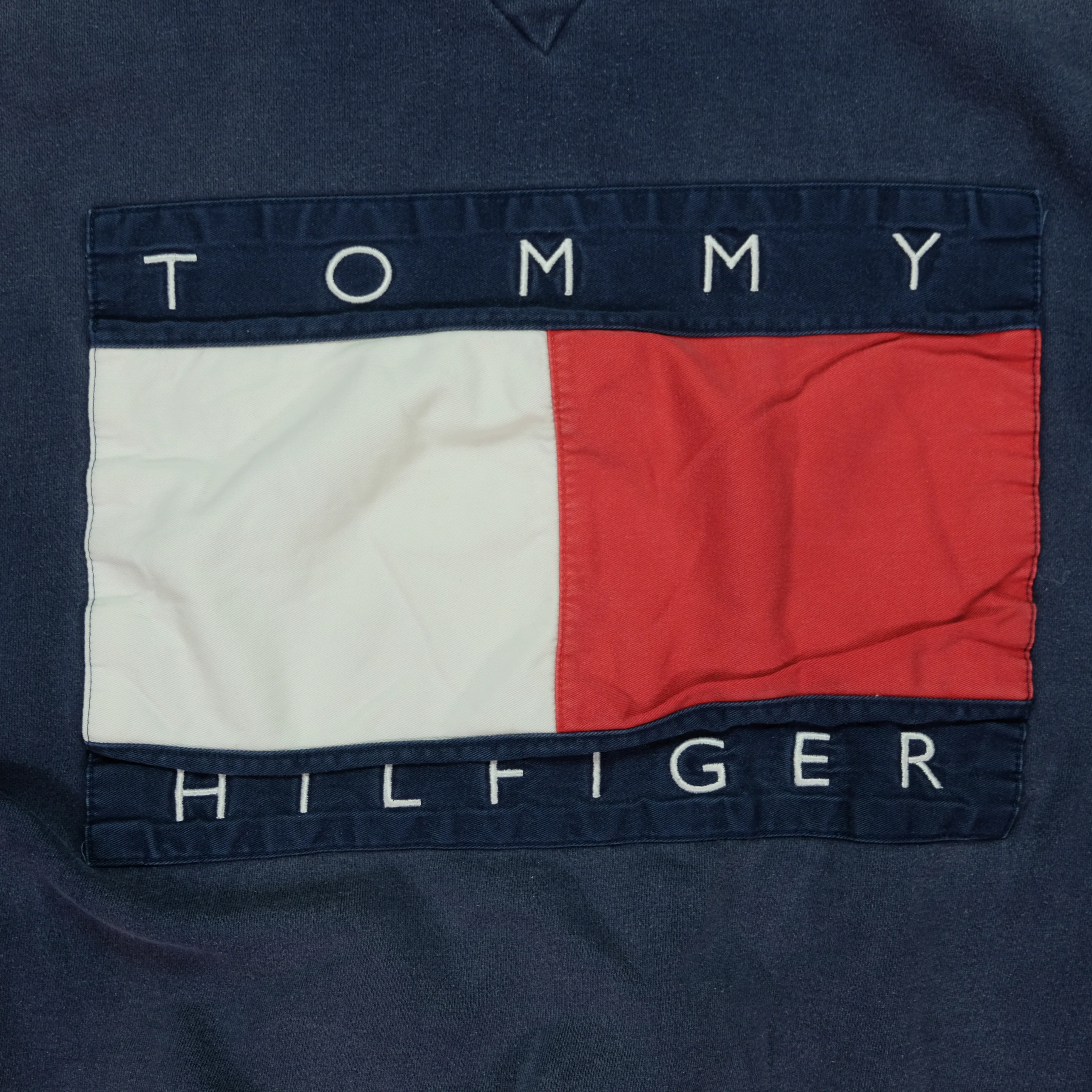 Vintage TOMMY HILFIGER Lion Crest Spell Out Flag Hoodie Sweatshirt 90s Navy Red XL - Image 10