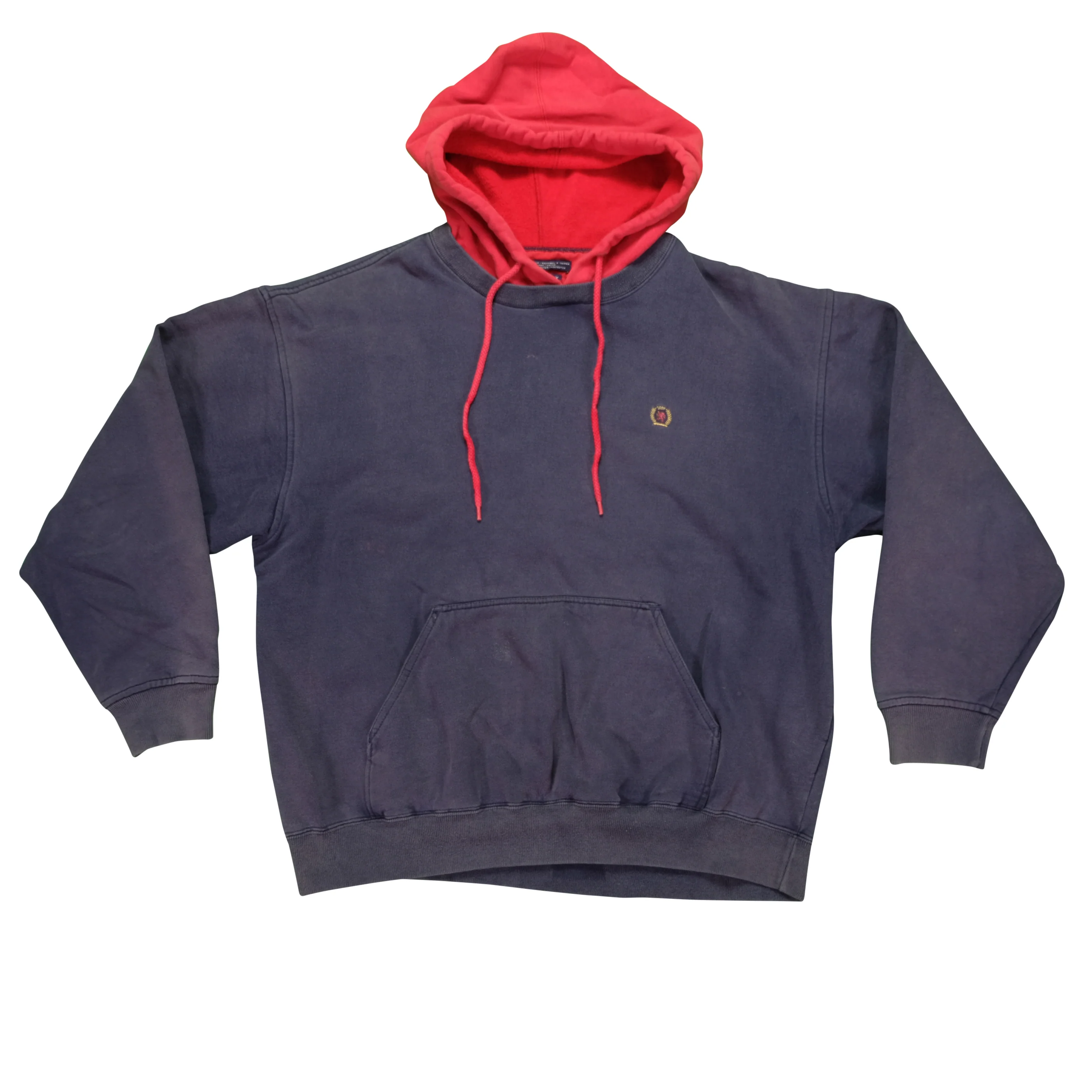 Vintage TOMMY HILFIGER Lion Crest Spell Out Flag Hoodie Sweatshirt 90s Navy Red XL - Image 2