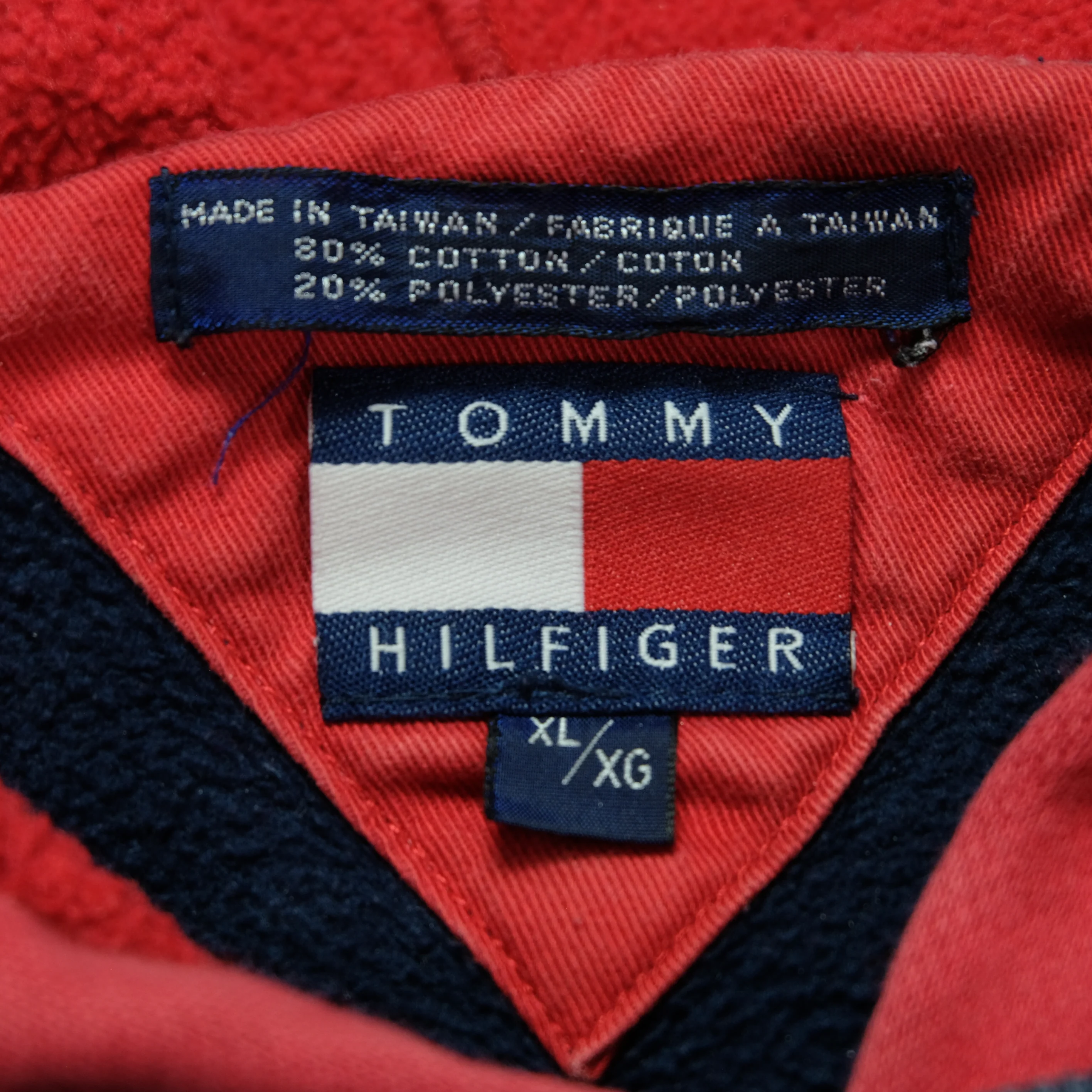 Vintage TOMMY HILFIGER Lion Crest Spell Out Flag Hoodie Sweatshirt 90s Navy Red XL - Image 4