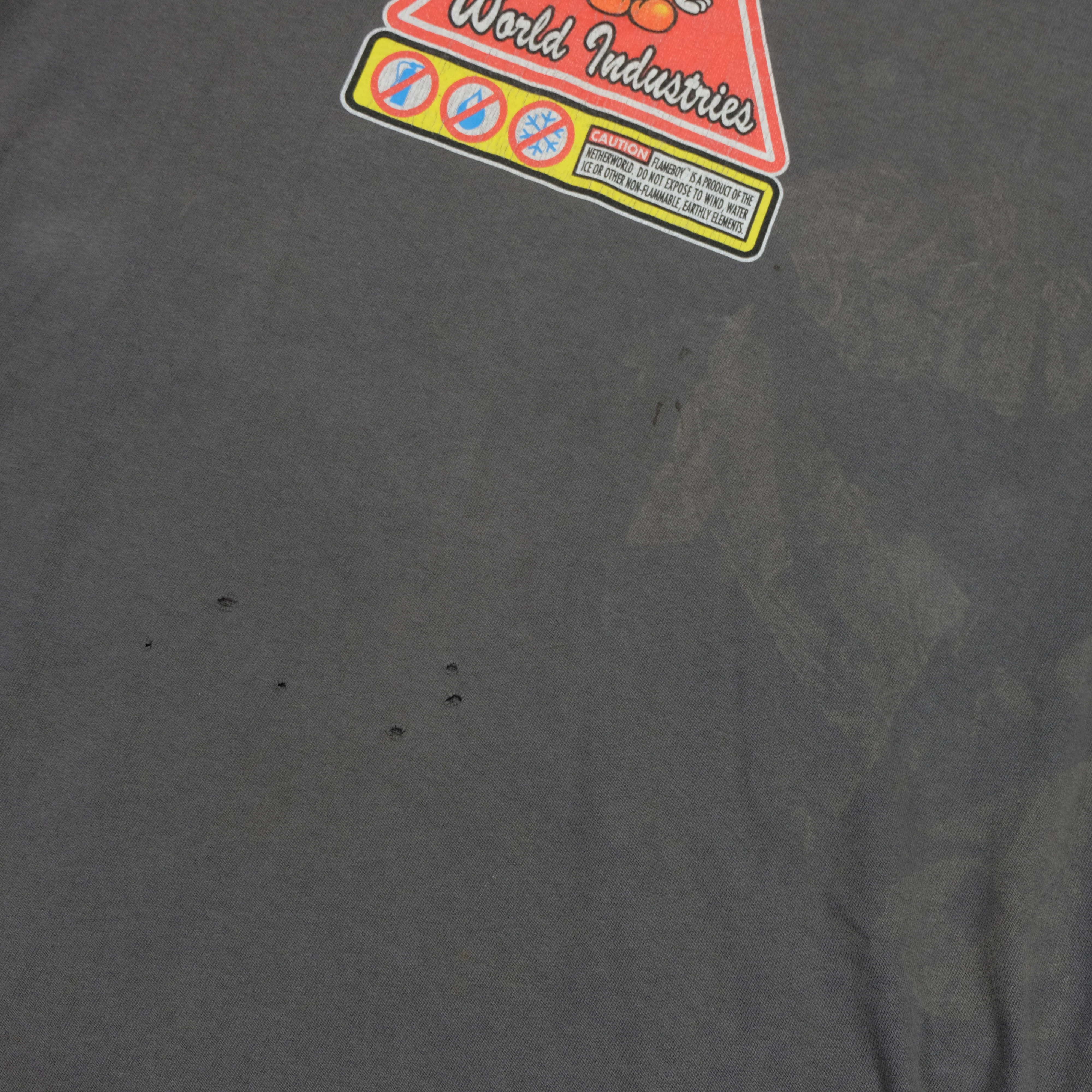 Vintage WORLD INDUSTRIES Flameboy Caution T Shirt 90s Gray XL - Image 8